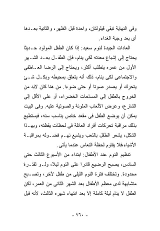 ‫ﻭﻓﻰ ﺍﻟﻨﻬﺎﻴﺔ ﺘﺒﻘﻰ ﻗﻴﻠﻭﻟﺘﺎﻥ، ﻭﺍﺤﺩﺓ ﻗﺒل ﺍﻟﻅﻬﺭ، ﻭﺍﻟﺜﺎﻨﻴﺔ ﺒﻌـﺩﻫﺎ‬
                                       ‫ﺃﻯ ﺒﻌﺩ ﻭﺠﺒﺔ ﺍﻟﻐﺩﺍﺀ.‬
‫ﺍﻟﻌﺎﺩﺍﺕ ﺍﻟﺠﻴﺩﺓ ﻟﻨﻭﻡ ﺴﻌﻴﺩ: ﺇﺫﺍ ﻜﺎﻥ ﺍﻟﻁﻔل ﺍﻟﻤﻭﻟﻭﺩ ﺤـﺩﻴﺜﺎ‬
‫ﹰ‬
‫ﻴﺤﺘﺎﺝ ﺇﻟﻰ ﺇﺸﺒﺎﻉ ﻤﻌﺩﺘﻪ ﻟﻜﻰ ﻴﻨﺎﻡ، ﻓﺈﻥ ﺍﻟﻁﻔـل ﺒﻌـﺩ ﺍﻟﺸـﻬﺭ‬
‫ﺍﻷﻭل ﻤﻥ ﻋﻤﺭﻩ ﻴﺘﻁﻠﺏ ﺃﻜﺜﺭ، ﻭﻴﺤﺘﺎﺝ ﺇﻟﻰ ﺍﻟﺭﻀﺎ ﺍﻟﻌـﺎﻁﻔﻰ‬
‫ﻭﺍﻻﺠﺘﻤﺎﻋﻰ ﻟﻜﻰ ﻴﻨﺎﻡ، ﺫﻟﻙ ﺃﻨﻪ ﻴﺘﻌﻠﻕ ﺒﻤﺤﻴﻁﻪ ﻭﺒﻜـل ﺸـﺊ‬
‫ﻴﺘﺤﺭﻙ ﺃﻭ ﻴﺼﺩﺭ ﺼﻭﺘﺎ ﺃﻭ ﺤﺘﻰ ﻀﻭﺀﺍ. ﻤﻥ ﻫﻨﺎ ﻜﺎﻥ ﻻﺒﺩ ﻤﻥ‬
                   ‫ﹰ‬
‫ﺍﻟﺨﺭﻭﺝ ﺒﺎﻟﻁﻔل ﺇﻟﻰ ﺍﻟﻤﺴﺎﺤﺎﺕ ﺍﻟﺨﻀﺭﺍﺀ، ﺃﻭ ﻋﻠﻰ ﺍﻷﻗل ﺇﻟﻰ‬
‫ﺍﻟﺸﺎﺭﻉ، ﻭﻋﺭﺽ ﺍﻷﻟﻌﺎﺏ ﺍﻟﻤﻠﻭﻨﺔ ﻭﺍﻟﺼﻭﺘﻴﺔ ﻋﻠﻴﻪ. ﻭﻓﻰ ﺍﻟﺒﻴﺕ‬
‫ﻴﻤﻜﻥ ﺃﻥ ﻴﻭﻀﻊ ﺍﻟﻁﻔل ﻓﻰ ﻤﻘﻌﺩ ﺨﺎﺹ ﻴﻨﺎﺴﺏ ﺴﻨﻪ، ﻓﻴﺴﺘﻁﻴﻊ‬
‫ﺒﺫﻟﻙ ﻤﺭﺍﻗﺒﺔ ﺘﺤﺭﻜﺎﺕ ﺃﻓﺭﺍﺩ ﺍﻟﻌﺎﺌﻠﺔ ﻓﻰ ﻟﺤﻅﺎﺕ ﻴﻘﻅﺘﻪ، ﻭﺒﻬـﺫﺍ‬
‫ﺍﻟﺸﻜل، ﻴﺸﻌﺭ ﺍﻟﻁﻔل ﺒﺎﻟﺘﻌﺏ ﻭﻴﺸﺒﻊ ﻨﻬـﻡ ﻓﻀـﻭﻟﻪ ﺒﻤﺭﺍﻗﺒـﺔ‬
                 ‫ﺍﻷﺸﻴﺎﺀ،ﻓﻼ ﻴﻘﺎﻭﻡ ﻟﺤﻅﺔ ﺍﻟﻨﻌﺎﺱ ﻋﻨﺩﻤﺎ ﻴﺄﺘﻰ.‬
‫ﺘﻨﻅﻴﻡ ﺍﻟﻨﻭﻡ ﻋﻨﺩ ﺍﻷﻁﻔﺎل: ﺍﺒﺘﺩﺍﺀ ﻤﻥ ﺍﻷﺴﺒﻭﻉ ﺍﻟﺜﺎﻟﺙ ﺤﺘﻰ‬
‫ﺍﻟﺴﺎﺩﺱ، ﻴﺼﺒﺢ ﺍﻟﺭﻀﻴﻊ ﻗﺎﺩﺭﺍ ﻋﻠﻰ ﺍﻟﻨﻭﻡ ﻟﻴﻼ، ﻭﻟـﻭ ﻟﻔﺘـﺭﺓ‬
                           ‫ﹰ‬
‫ﻤﺤﺩﻭﺩﺓ. ﻭﺘﺨﺘﻠﻑ ﻓﺘﺭﺓ ﺍﻟﻨﻭﻡ ﺍﻟﻠﻴﻠﻰ ﻤﻥ ﻁﻔل ﻵﺨﺭ، ﻭﺘﺼـﺒﺢ‬
‫ﻤﺘﺸﺎﺒﻬﺔ ﻟﺩﻯ ﻤﻌﻅﻡ ﺍﻷﻁﻔﺎل ﺒﻌﺩ ﺍﻟﺸﻬﺭ ﺍﻟﺜﺎﻨﻰ ﻤﻥ ﺍﻟﻌﻤﺭ، ﻟﻜﻥ‬
‫ﺍﻟﻁﻔل ﻻ ﻴﻨﺎﻡ ﻟﻴﻠﺔ ﻜﺎﻤﻠﺔ ﺇﻻ ﺒﻌﺩ ﺍﻨﺘﻬﺎﺀ ﺸﻬﺭﻩ ﺍﻟﺜﺎﻟﺙ، ﻷﻨﻪ ﻓﺒل‬


                         ‫- ٠٦٧ -‬
 