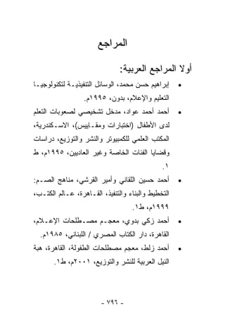 ‫ﺍﻟﻤﺭﺍﺠﻊ‬

                               ‫ﺃﻭﻻ ﺍﻟﻤﺭﺍﺠﻊ ﺍﻟﻌﺭﺒﻴﺔ:‬
‫ﺇﺒﺭﺍﻫﻴﻡ ﺤﺴﻥ ﻤﺤﻤﺩ، ﺍﻟﻭﺴﺎﺌل ﺍﻟﺘﻨﻔﻴﺫﻴـﺔ ﻟﺘﻜﻨﻭﻟﻭﺠﻴـﺎ‬    ‫•‬
                  ‫ﺍﻟﺘﻌﻠﻴﻡ ﻭﺍﻹﻋﻼﻡ، ﺒﺩﻭﻥ، ٥٩٩١ﻡ.‬
‫ﺃﺤﻤﺩ ﺃﺤﻤﺩ ﻋﻭﺍﺩ، ﻤﺩﺨل ﺘﺸﺨﻴﺼﻲ ﻟﺼﻌﻭﺒﺎﺕ ﺍﻟﺘﻌﻠﻡ‬          ‫•‬
‫ﻟﺩﻯ ﺍﻷﻁﻔﺎل )ﺍﺨﺘﺒﺎﺭﺍﺕ ﻭﻤﻘـﺎﻴﻴﺱ(، ﺍﻻﺴـﻜﻨﺩﺭﻴﺔ،‬
‫ﺍﻟﻤﻜﺘﺏ ﺍﻟﻌﻠﻤﻲ ﻟﻠﻜﻤﺒﻴﻭﺘﺭ ﻭﺍﻟﻨﺸﺭ ﻭﺍﻟﺘﻭﺯﻴﻊ، ﺩﺭﺍﺴﺎﺕ‬
‫ﻭﻗﻀﺎﻴﺎ ﺍﻟﻔﺌﺎﺕ ﺍﻟﺨﺎﺼﺔ ﻭﻏﻴﺭ ﺍﻟﻌﺎﺩﻴﻴﻥ، ٥٩٩١ﻡ، ﻁ‬
                                              ‫١.‬
‫ﺃﺤﻤﺩ ﺤﺴﻴﻥ ﺍﻟﻠﻘﺎﻨﻲ ﻭﺃﻤﻴﺭ ﺍﻟﻘﺭﺸﻲ، ﻤﻨﺎﻫﺞ ﺍﻟﺼـﻡ:‬        ‫•‬
‫ﺍﻟﺘﺨﻁﻴﻁ ﻭﺍﻟﺒﻨﺎﺀ ﻭﺍﻟﺘﻨﻔﻴﺫ، ﺍﻟﻘـﺎﻫﺭﺓ، ﻋـﺎﻟﻡ ﺍﻟﻜﺘـﺏ،‬
                                   ‫٩٩٩١ﻡ، ﻁ١.‬
‫ﺃﺤﻤﺩ ﺯﻜﻲ ﺒﺩﻭﻱ، ﻤﻌﺠـﻡ ﻤﺼـﻁﻠﺤﺎﺕ ﺍﻹﻋـﻼﻡ،‬               ‫•‬
  ‫ﺍﻟﻘﺎﻫﺭﺓ، ﺩﺍﺭ ﺍﻟﻜﺘﺎﺏ ﺍﻟﻤﺼﺭﻱ / ﺍﻟﻠﺒﻨﺎﻨﻲ، ٥٨٩١ﻡ.‬
‫ﺃﺤﻤﺩ ﺯﻟﻁ، ﻤﻌﺠﻡ ﻤﺼﻁﻠﺤﺎﺕ ﺍﻟﻁﻔﻭﻟﺔ، ﺍﻟﻘﺎﻫﺭﺓ، ﻫﺒﺔ‬        ‫•‬
       ‫ﺍﻟﻨﻴل ﺍﻟﻌﺭﺒﻴﺔ ﻟﻠﻨﺸﺭ ﻭﺍﻟﺘﻭﺯﻴﻊ، ١٠٠٢ﻡ، ﻁ١.‬



                        ‫- ٦٩٧ -‬
 