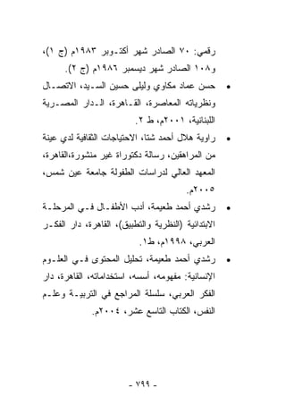 ‫ﺭﻗﻤﻲ: ٠٧ ﺍﻟﺼﺎﺩﺭ ﺸﻬﺭ ﺃﻜﺘـﻭﺒﺭ ٣٨٩١ﻡ )ﺝ ١(،‬
      ‫ﻭ٨٠١ ﺍﻟﺼﺎﺩﺭ ﺸﻬﺭ ﺩﻴﺴﻤﺒﺭ ٦٨٩١ﻡ )ﺝ ٢(.‬
‫ﺤﺴﻥ ﻋﻤﺎﺩ ﻤﻜﺎﻭﻱ ﻭﻟﻴﻠﻰ ﺤﺴﻴﻥ ﺍﻟﺴـﻴﺩ، ﺍﻻﺘﺼـﺎل‬           ‫•‬
‫ﻭﻨﻅﺭﻴﺎﺘﻪ ﺍﻟﻤﻌﺎﺼﺭﺓ، ﺍﻟﻘـﺎﻫﺭﺓ، ﺍﻟـﺩﺍﺭ ﺍﻟﻤﺼـﺭﻴﺔ‬
                          ‫ﺍﻟﻠﺒﻨﺎﻨﻴﺔ، ١٠٠٢ﻡ، ﻁ ٢.‬
‫ﺭﺍﻭﻴﺔ ﻫﻼل ﺃﺤﻤﺩ ﺸﺘﺎ، ﺍﻻﺤﺘﻴﺎﺠﺎﺕ ﺍﻟﺜﻘﺎﻓﻴﺔ ﻟﺩﻱ ﻋﻴﻨﺔ‬     ‫•‬
‫ﻤﻥ ﺍﻟﻤﺭﺍﻫﻘﻴﻥ، ﺭﺴﺎﻟﺔ ﺩﻜﺘﻭﺭﺍﺓ ﻏﻴﺭ ﻤﻨﺸﻭﺭﺓ،ﺍﻟﻘﺎﻫﺭﺓ،‬
‫ﺍﻟﻤﻌﻬﺩ ﺍﻟﻌﺎﻟﻲ ﻟﺩﺭﺍﺴﺎﺕ ﺍﻟﻁﻔﻭﻟﺔ ﺠﺎﻤﻌﺔ ﻋﻴﻥ ﺸﻤﺱ،‬
                                        ‫٥٠٠٢ﻡ.‬
‫ﺭﺸﺩﻱ ﺃﺤﻤﺩ ﻁﻌﻴﻤﺔ، ﺃﺩﺏ ﺍﻷﻁﻔـﺎل ﻓـﻲ ﺍﻟﻤﺭﺤﻠـﺔ‬           ‫•‬
‫ﺍﻻﺒﺘﺩﺍﺌﻴﺔ )ﺍﻟﻨﻅﺭﻴﺔ ﻭﺍﻟﺘﻁﺒﻴﻕ(، ﺍﻟﻘﺎﻫﺭﺓ، ﺩﺍﺭ ﺍﻟﻔﻜـﺭ‬
                           ‫ﺍﻟﻌﺭﺒﻲ، ٨٩٩١ﻡ، ﻁ١.‬
‫ﺭﺸﺩﻱ ﺃﺤﻤﺩ ﻁﻌﻴﻤﺔ، ﺘﺤﻠﻴل ﺍﻟﻤﺤﺘﻭﻯ ﻓـﻲ ﺍﻟﻌﻠـﻭﻡ‬          ‫•‬
‫ﺍﻹﻨﺴﺎﻨﻴﺔ: ﻤﻔﻬﻭﻤﻪ، ﺃﺴﺴﻪ، ﺍﺴﺘﺨﺩﺍﻤﺎﺘﻪ، ﺍﻟﻘﺎﻫﺭﺓ، ﺩﺍﺭ‬
‫ﺍﻟﻔﻜﺭ ﺍﻟﻌﺭﺒﻲ، ﺴﻠﺴﻠﺔ ﺍﻟﻤﺭﺍﺠﻊ ﻓﻲ ﺍﻟﺘﺭﺒﻴـﺔ ﻭﻋﻠـﻡ‬
             ‫ﺍﻟﻨﻔﺱ، ﺍﻟﻜﺘﺎﺏ ﺍﻟﺘﺎﺴﻊ ﻋﺸﺭ، ٤٠٠٢ﻡ.‬




                        ‫- ٩٩٧ -‬
 