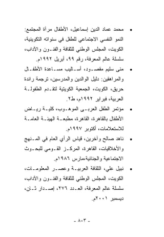 ‫ﻤﺤﻤﺩ ﻋﻤﺎﺩ ﺍﻟﺩﻴﻥ ﺇﺴﻤﺎﻋﻴل، ﺍﻷﻁﻔﺎل ﻤﺭﺁﺓ ﺍﻟﻤﺠﺘﻤﻊ:‬      ‫•‬
‫ﺍﻟﻨﻤﻭ ﺍﻟﻨﻔﺴﻲ ﺍﻻﺠﺘﻤﺎﻋﻲ ﻟﻠﻁﻔل ﻓﻲ ﺴﻨﻭﺍﺘﻪ ﺍﻟﺘﻜﻭﻴﻨﻴﺔ،‬
‫ﺍﻟﻜﻭﻴﺕ، ﺍﻟﻤﺠﻠﺱ ﺍﻟﻭﻁﻨﻲ ﻟﻠﺜﻘﺎﻓﺔ ﻭﺍﻟﻔﻨـﻭﻥ ﻭﺍﻵﺩﺍﺏ،‬
     ‫ﺴﻠﺴﻠﺔ ﻋﺎﻟﻡ ﺍﻟﻤﻌﺭﻓﺔ، ﺭﻗﻡ ٩٩، ﺃﺒﺭﻴل ٢٩٩١ﻡ.‬
‫ﻤﻨﻰ ﺴﻠﻴﻡ ﻤﻘﺼـﻭﺩ، ﺃﺴـﺎﻟﻴﺏ ﻤﺴـﺎﻋﺩﺓ ﺍﻷﻁﻔـﺎل‬           ‫•‬
‫ﻭﺍﻟﻤﺭﺍﻫﻘﻴﻥ: ﺩﻟﻴل ﺍﻟﻭﺍﻟﺩﻴﻥ ﻭﺍﻟﻤﺩﺭﺴﻴﻥ، ﺘﺭﺠﻤﺔ ﺭﺍﻨﺩﺓ‬
‫ﺤﺭﻴﻕ، ﺍﻟﻜﻭﻴﺕ، ﺍﻟﺠﻤﻌﻴﺔ ﺍﻟﻜﻭﻴﺘﻴﺔ ﻟﺘﻘـﺩﻡ ﺍﻟﻁﻔﻭﻟـﺔ‬
                    ‫ﺍﻟﻌﺭﺒﻴﺔ، ﻓﺒﺭﺍﻴﺭ ٢٩٩١ﻡ، ﻁ٢.‬
‫ﻤﺅﺘﻤﺭ ﺍﻟﻁﻔل ﺍﻟﻌﺭﺒـﻰ ﺍﻟﻤﻭﻫـﻭﺏ، ﻜﻠﻴـﺔ ﺭﻴـﺎﺽ‬          ‫•‬
‫ﺍﻷﻁﻔﺎل ﺒﺎﻟﻘﺎﻫﺭﺓ، ﺍﻟﻘﺎﻫﺭﺓ، ﻤﻁﺒﻌـﺔ ﺍﻟﻬﻴﺌـﺔ ﺍﻟﻌﺎﻤـﺔ‬
                   ‫ﻟﻼﺴﺘﻌﻼﻤﺎﺕ، ﺃﻜﺘﻭﺒﺭ ٧٩٩١ﻡ.‬
‫ﻨﺎﻫﺩ ﺼﺎﻟﺢ ﻭﺁﺨﺭﻴﻥ، ﻗﻴﺎﺱ ﺍﻟﺭﺃﻱ ﺍﻟﻌﺎﻡ ﻓﻲ ﺍﻟﻤـﻨﻬﺞ‬      ‫•‬
‫ﻭﺍﻷﺨﻼﻗﻴﺎﺕ، ﺍﻟﻘﺎﻫﺭﺓ، ﺍﻟﻤﺭﻜـﺯ ﺍﻟﻘـﻭﻤﻲ ﻟﻠﺒﺤـﻭﺙ‬
              ‫ﺍﻻﺠﺘﻤﺎﻋﻴﺔ ﻭﺍﻟﺠﻨﺎﺌﻴﺔ،ﻤﺎﺭﺱ ٦٨٩١ﻡ.‬
‫ﻨﺒﻴل ﻋﻠﻲ، ﺍﻟﺜﻘﺎﻓﺔ ﺍﻟﻌﺭﺒﻴـﺔ ﻭﻋﺼـﺭ ﺍﻟﻤﻌﻠﻭﻤـﺎﺕ،‬       ‫•‬
‫ﺍﻟﻜﻭﻴﺕ، ﺍﻟﻤﺠﻠﺱ ﺍﻟﻭﻁﻨﻲ ﻟﻠﺜﻘﺎﻓﺔ ﻭﺍﻟﻔﻨـﻭﻥ ﻭﺍﻵﺩﺍﺏ،‬
‫ﺴﻠﺴﻠﺔ ﻋﺎﻟﻡ ﺍﻟﻤﻌﺭﻓﺔ، ﺍﻟﻌـﺩﺩ ٦٧٢، ﺇﺼـﺩﺍﺭ ﺜـﺎﻥ،‬
                                 ‫ﺩﻴﺴﻤﺒﺭ ١٠٠٢ﻡ.‬


                       ‫- ٣٠٨ -‬
 