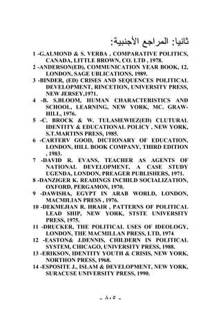 :‫ﺜﺎﻨﻴﺎ: ﺍﻟﻤﺭﺍﺠﻊ ﺍﻷﺠﻨﺒﻴﺔ‬
                                         ‫ﹰ‬
1 -G.ALMOND & S. VERBA , COMPARATIVE POLITICS,
     CANADA, LITTLE BROWN, CO. LTD , 1978.
2 -ANDERSON(ED), COMMUNICATION YEAR BOOK, 12,
     LONDON, SAGE UBLICATIONS, 1989.
3 -BINDER, (ED) CRISES AND SEQUENCES POLITICAL
     DEVELOPMENT, RINCETION, UNIVERSITY PRESS,
     NEW JERSEY,1971.
4 -B. S.BLOOM, HUMAN CHARACTERISTICS AND
     SCHOOL, LEARNING, NEW YORK, MC. GRAW-
     HILL, 1976.
5 -C. BROCK & W. TULASIEWIEZ(ED) CLUTURAL
     IDENTITY & EDUCATIONAL POLICY , NEW YORK,
     S.T.MARTINS PRESS, 1985.
6 -CARTERV GOOD, DICTIONARY OF EDUCATION,
     LONDON, HILL BOOK COMPANY, THIRD EDITION
     , 1983.
7 -DAVID R. EVANS, TEACHER AS AGENTS OF
     NATIONAL DEVELOPMENT, A CASE STUDY
     UGENDA, LONDON, PREAGER PUBLISHERS, 1971.
8 -DANZIGER K. READINGS INCHILD SOCIALIZATION,
     OXFORD, PERGAMON, 1970.
9 -DAWISHA, EGYPT IN ARAB WORLD, LONDON,
     MACMILIAN PRESS , 1976.
10 -DEKMEJIAN R. HRAIR , PATTERNS OF POLITICAL
     LEAD SHIP, NEW YORK, STSTE UNIVERSITY
     PRESS, 1975.
11 -DRUCKER, THE POLITICAL USES OF IDEOLOGY,
     LONDON, THE MACMILLAN PRESS, LTD, 1974.
12 -EASTON& J.DENNIS, CHILDERN IN POLITICAL
     SYSTEM, CHICAGO, UNIVERSITY PRESS, 1988.
13 -ERIKSON, IDENTITY YOUTH & CRISIS, NEW YORK,
     NORTHON PRESS, 1968.
14 -ESPOSITE J., ISLAM & DEVELOPMENT, NEW YORK,
     SURACUSE UNIVERSITY PRESS, 1990.



                    - ٨٠٥ -
 