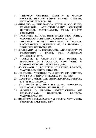 15   -FRIDMAN, CULTURE IDENTITY & WORLD
     PROCESS, REVIEW FERN& BRNDEL CENTER,
     NEW YORK, WINTER 1989.
16 -GIDDENS A., THE NATION STSTE & VIOLENCE,
     CAMBRIDGE,       ACONTEMPORARY     CRITIQUE
     HISTORICAL MATERIALISH, VOL.2, POLITY
     PRESS ,1984.
17 -HALSEY(ED) SCHOOL DICTIONARY, NEW YORK ,
     MACMILLAN PUBLISHING COMPANY, 1987.
18 -HERMAN, JEWISH IDENTITY: A SOCIAL
     PSYCOLOGICAL PERSPECTIVE, CALIFORNIA ,
     SUGE PUBLICATION, 1977.
19 -S.E.IBRAHIM & N. HOPKINS(ED), ARAB SOCITY IN
     TRANSITION     ,   CAIRO,   THE   AMERICAN
     UNIVERSITY, 1977.
20 -KARABEL & A.H.HALSEY (ED) POWER &
     IDEOLOGY IN EDUCATION, NEW YORK &
     LONDON, OXFORD UNIVERSITY , 1977.
21 -KAVAVAGH D., POLITICAL CULTURE, LONDON,
     MACMILLAN PRESS, LTD, 1972.
22 -KOCH(ED), PSYCHOLOGY A STUDY OF SCIENCE,
     VOL 1-5 , MC GRAW HILL, NEW YORK, 1973.
23 -LANGTON , POLITICAL SOCIALIZATION, BOSTON,
     LITTIL BROWN, 1969.
24 -MILTON M. (ED) IDENTITY & INDIVIDUATION,
     NEW YORK, UNIVERSITY PRESS, 1971.
25 -ROBERT D. EBD(ED), ENCYCLOPEDIA OF
     EDUCATIONAL         RESEARCH,       LONDON,
     MACMILLAN, 1969.
26 -RUSHTON, SOCIALIZATION & SOCITY, NEW YORK,
     PRENTICE HALL INC., 1980.




                    - ٨٠٦ -
 