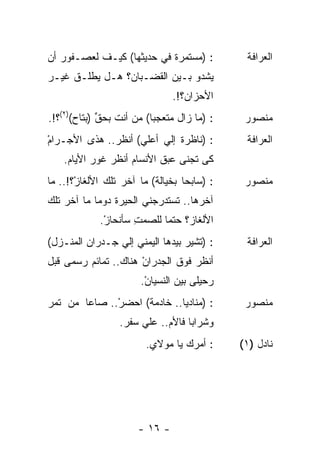 ‫: )ﻤﺴﺘﻤﺭﺓ ﻓﻲ ﺤﺩﻴﺜﻬﺎ( ﻜﻴـﻑ ﻟﻌﺼـﻔﻭﺭ ﺃﻥ‬          ‫ﺍﻟﻌﺭﺍﻓﺔ‬
‫ﻴﺸﺩﻭ ﺒـﻴﻥ ﺍﻟﻘﻀـﺒﺎﻥ؟ ﻫـل ﻴﻁﻠـﻕ ﻏﻴـﺭ‬
                               ‫ﺍﻷﺤﺯﺍﻥ؟!.‬
‫: )ﻤﺎ ﺯﺍل ﻤﺘﻌﺠﺒﺎ( ﻤﻥ ﺃﻨﺕ ﺒﺤﻕ )ﺒﺘﺎﺡ()٢(؟!.‬
             ‫ﱢ‬           ‫ﹰ‬                    ‫ﻤﻨﺼﻭﺭ‬
‫: )ﻨﺎﻅﺭﺓ ﺇﻟﻲ ﺃﻋﻠﻲ( ﺃﻨﻅﺭ.. ﻫﺫﻯ ﺍﻷﺠـﺭﺍﻡ‬
‫ْ‬                                             ‫ﺍﻟﻌﺭﺍﻓﺔ‬
    ‫ﻜﻰ ﺘﺠﻨﻰ ﻋﺒﻕ ﺍﻷﻨﺴﺎﻡ ﺃﻨﻅﺭ ﻏﻭﺭ ﺍﻷﻴﺎﻡ.‬
‫: )ﺴﺎﺒﺤﺎ ﺒﺨﻴﺎﻟﺔ( ﻤﺎ ﺁﺨﺭ ﺘﻠﻙ ﺍﻷﻟﻐﺎﺯْ؟!.. ﻤﺎ‬
                                  ‫ﹰ‬           ‫ﻤﻨﺼﻭﺭ‬
‫ﺁﺨﺭﻫﺎ.. ﺘﺴﺘﺩﺭﺠﻨﻲ ﺍﻟﺤﻴﺭﺓ ﺩﻭﻤﺎ ﻤﺎ ﺁﺨﺭ ﺘﻠﻙ‬
                ‫ﹸ‬
             ‫ﺍﻷﻟﻐﺎﺯ؟ ﺤﺘﻤﺎ ﻟﻠﺼﻤﺕ ﺴﺄﻨﺤﺎﺯ.‬
              ‫ْ‬      ‫ِ‬
‫: )ﺘﺸﻴﺭ ﺒﻴﺩﻫﺎ ﺍﻟﻴﻤﻨﻲ ﺇﻟﻲ ﺠـﺩﺭﺍﻥ ﺍﻟﻤﻨـﺯل(‬      ‫ﺍﻟﻌﺭﺍﻓﺔ‬
‫ﺃﻨﻅﺭ ﻓﻭﻕ ﺍﻟﺠﺩﺭﺍﻥ ﻫﻨﺎﻙ.. ﺘﻤﺎﺌﻡ ﺭﺴﻤﻰ ﻗﺒل‬
                      ‫ْ‬
                       ‫ﺭﺤﻴﻠﻰ ﺒﻴﻥ ﺍﻟﻨﺴﻴﺎﻥ.‬
                        ‫ْ‬
‫: )ﻤﻨﺎﺩﻴﺎ.. ﺨﺎﺩﻤﺔ( ﺍﺤﻀﺭ.. ﺼﺎﻋﺎ ﻤﻥ ﺘﻤﺭ‬
              ‫ْ‬                               ‫ﻤﻨﺼﻭﺭ‬
                  ‫ﻭﺸﺭﺍﺒﺎ ﻓﺎﻷﻡ.. ﻋﻠﻲ ﺴﻔﺭ.‬
                             ‫‪‬‬
                        ‫: ﺃﻤﺭﻙ ﻴﺎ ﻤﻭﻻﻱ.‬      ‫ﻨﺎﺩل )١(‬




                      ‫- ٦١ -‬
 