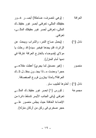 ‫: )ﻭﻫﻲ ﺘﻨﺼﺭﻑ، ﻀﺎﺤﻜﺔ( ﺃﺒﺼـﺭ ﻏـﻭﺭ‬                ‫ﺍﻟﻌﺭﺍﻓﺔ‬
‫ﺤﻘﻴﻘﺘﻙ ﺍﻟﻤﺜﻠﻰ، ﺘﻌﺭﻓﻨﻰ ﺃﺒﺼﺭ ﻏﻭﺭ ﺤﻘﻴﻘﺘـﻙ‬
‫ﺍﻟﻤﺜﻠﻰ، ﺘﻌﺭﻓﻨﻰ ﺃﺒﺼﺭ ﻏﻭﺭ ﺤﻘﻴﻘﺘﻙ ﺍﻟﻤﺜﻠـﻰ،‬
                                  ‫ﺘﻌﺭﻓﻨﻲ.‬
‫: )ﻴﺤﻤل ﺼﺎﻉ ﺍﻟﺘﻤﺭ، ﻭﺍﻟﺸﺭﺍﺏ ﻭﻴﺒﺤﺙ ﻋﻥ‬           ‫ﻨﺎﺩل )١(‬
‫ﺍﻟﺯﺍﺌﺭﺓ، ﻓﻠﻡ ﻴﺠﺩﻫﺎ ﻓﻴﺨﺒﺭ ﺴﻴﺩﻩ( ﻗﺩ ﺭﺤﻠﺕ ﻴﺎ‬
‫ﻤﻭﻻﻱ )ﻀﻭﻀﺎﺀ ﺒﺎﻟﺨﺎﺭﺝ ﺍﻟﻌﺭﺍﻓﺔ ﻏﺎﺭﻗﺔ ﻓﻲ‬
                        ‫ﺩﻤﻬﺎ ﺃﻤﺎﻡ ﺍﻟﻤﻨﺯل(.‬
‫: )ﻏﻴﺭ ﻤﺼﺩﻕ ﻟﻤﺎ ﻴﺠﺭﻱ( ﺃﻋﻁﺕ ﻤﻘﻼﻋـﻲ‬              ‫ﻤﻨﺼﻭﺭ‬
‫ﺤﺠﺭﺍ ﻭﻤﻀﺕ ﻤـﺎﺫﺍ ﻴﺠﻨـﻭﻥ ﺒﻤﻘﺘـل ﺘﻠـﻙ‬
                              ‫ﹰ‬
   ‫ﺍﻟﻌﺭﺍﻓﺔ؟ ﻭﻟﻤﺎﺫﺍ ﻴﺒﺘﺯﻭﻥ ﻓﺭﻭﻉ ﺍﻟﺼﻔﺼﺎﻓﺔ.‬
                          ‫ﻨﺎﺩل )١( : ﺃﺨﺫﻭﻫﺎ ﻟﻁﺒﻴﺏ ﺴﺎﻭ.‬
‫: ﻜﻭﺭﺱ )١( ﺍﺒﺼﺭ ﻏﻭﺭ ﺤﻘﻴﻘﺘـﻙ ﺍﻟﻤﺜﻠـﻰ‬           ‫ﻤﺠﻤﻭﻋﺔ‬
‫ﺘﻌﺭﻓﻨﻰ )ﻭﻓﻰ ﺍﻟﺠﺎﻨﺏ ﺍﻷﻴﺴﺭ ﺘﺘﺴﻠﻁ ﺩﺍﺌﺭﺓ ﻤﻥ‬
‫ﺍﻹﻀﺎﺀﺓ ﺍﻟﺨﺎﻓﺘﺔ ﺤﻴﺙ ﻴﺠﻠﺱ ﻤﻨﺼﻭﺭ ﻋﻠـﻲ‬
  ‫ﺤﺠﺭ ﺼﺨﺭﻯ ﻓﻰ ﺭﻜﻥ ﻤﻥ ﺃﺭﻜﺎﻥ ﻤﻨﺯﻟﻪ(.‬




                      ‫- ٩١ -‬
 