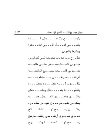 ‫٣٤٤‬                 ‫א‬   ‫א‬     ‫**‬          ‫א‬
      ‫ـﺩﻩ‬
        ‫ـﺩﺵ ﻗــــ‬
                ‫ـﻊ ﻭﻻ ﺤــــ‬
                          ‫ﺒﺘﻭﺴــــ‬
      ‫ﻴﻌﺸــ ـﻰ ﻗﺒــ ـل ﺍﻟﻠــ ـﻲ ﺍﺘﻐــ ـﺩﻭﺍ‬
         ‫ـ‬        ‫ـ‬        ‫ـ‬       ‫ـ‬
                              ‫ﻭﻴﺸﺭﻁ ﺒﺎﻟﻤﻭﺱ‬
      ‫ﻤﻁ ـﺭﺡ ﻤ ـﺎ ﻴﺤ ـﺏ ﻴﺠﻴ ـﺏ ﻟ ـﻲ ﻜ ـﺎﺒﻭﺱ‬
          ‫ـ ـ ـ‬            ‫ـ ـ‬         ‫ـ‬
      ‫ـﻪ‬‫ـﺎﻓﺭ ـﻰ ﻁﻨﺠـ‬
               ‫ﻋﻠـ‬  ‫ـﺕ ﻤﺴـ‬‫ـﻭﻨﻲ ﻓﺎﺴـ‬‫ﺠـ‬
      ‫ـﻪ‬‫ـﻊ ﺍﻟﻤﺎﻨﺠــ‬‫ـﺕ ﺒﻴﺒﻴــ‬‫ـﻭﻨﻲ ﻓﺎﺴــ‬‫ﺠــ‬
      ‫ﻟﻔﺭﺍﺸــ ـﻪ ﻭﻫــ ـﻲ ﺒــ ـﺘﺤﻠﻡ ﺒــ ـﻪ‬
       ‫ـ‬         ‫ـ‬      ‫ـ‬       ‫ـ‬
      ‫ﺒﺘﻘـــﺭﺏ ﻟـــﻪ ﺨﻁـــﻭﻩ ﺒﺨﻁـــﻭﻩ‬
      ‫ﻴﻠﻘﻁﻬــــﺎ ﺒﺸــــﻨﻜل ﻭﺒﺸــــﻨﻜﺢ‬
         ‫ـ‬          ‫ـ‬       ‫ـ‬
      ‫ـﻪ‬‫ـﻴﺵ ﺠﻨﺒــ‬‫ـﺒﻬﺎ ﺘﻌــ‬‫ـﻥ ﻴﻐﺼــ‬‫ﻴﻤﻜــ‬
      ‫ﻴﻤﻜـ ـﻥ ﺘﻔﻬـ ـﻡ ﻤـ ـﻥ ﻏﻴـ ـﺭ ﻤﻁـ ـﻭﻩ‬
        ‫ـ‬      ‫ـ‬      ‫ـ‬     ‫ـ‬       ‫ـ‬
      ‫ﻴﻤﻜـــﻥ ﻴﺴـــﻤﺢ ﻟﻬـــﺎ ﺘﻤﺸـــﻜﺢ‬
      ‫ـﺭﺠﺢ‬‫ـﻲ ﻭﺘﺘﻤــ‬‫ـﻭﻱ ﺃﺭﻀــ‬‫ـﻊ ﺠــ‬‫ﻤــ‬
      ‫ﻴﺴـــﻤﺢ ﻟﻬـــﺎ ﻁﺒ ‪‬ـــﺎ ﻭﺘﺴـــﺭﺡ‬
                   ‫ﻌ‬
 