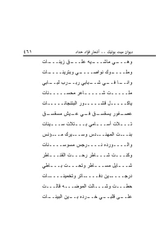 ‫١٦٤‬                 ‫א‬   ‫א‬    ‫**‬         ‫א‬
      ‫ـﺎﺕ‬
        ‫ـﻕ ﺯﻴﻨـــ‬
                ‫ـﻴﻪ ﻋﻠـــ‬
                        ‫ـﻲ ﻤﺎﺸـــ‬
                                ‫ﻭﻫـــ‬
      ‫ـﺎﺕ‬
        ‫ـﻲ ﻭﺒﺘﺭﻴﻨــــ‬
                    ‫ـﻭﻙ ﻨﻭﺍﺼــــ‬
                               ‫ﻭﻤﻠــــ‬
      ‫ـﺎﺒﻲ‬
         ‫ـﺭﺏ ﻟﺒــ‬
                ‫ـﺒﺎﺒﻲ ﺭﺒــ‬
                         ‫ـﺎ ـﻲ ﺸــ‬
                              ‫ﻭﺍﻨــ ﻓــ‬
      ‫ﻤﻠــــ ـﺕ ﺸــــ ـﺎﻋﺭ ﻤﺤﺴــــ ـﻨﺎﺕ‬
         ‫ـ‬            ‫ـ‬        ‫ـ‬
      ‫ﻴﺎﻜـــــل ﻗﺸـــــﻭﺭ ﺍﻟﺒﺘﻨﺠﺎﻨـــــﺎﺕ‬
      ‫ـﻕ‬
       ‫ـﻕ ـﻲ ـﻴﺵ ﻤﺴﻘﺴـ‬
               ‫ـﻔﻭﺭ ﻴﺴﻘﺴـ ﻓـ ﻋـ‬
                              ‫ﻋﺼـ‬
      ‫ﺘــ ـﻼﺕ ﺃﺴــ ـﺎﻤﻲ ﺒــ ـﺘﻼﺕ ﺴــ ـﻴﻨﺎﺕ‬
          ‫ـ‬        ‫ـ‬        ‫ـ‬        ‫ـ‬
      ‫ـﺅﻨﺱ‬‫ـﻴﺭﻙ ﻤــ‬‫ـﺩﺱ ﻭﺴــ‬‫ـﺕ ﺍﻟﻤﻬﻨــ‬‫ﺒﻨــ‬
      ‫ﻭﺍﻟــــﻭﺭﺩﻩ ﻨــــﺭﺠﺱ ﻤﺴﻭﺴــــﻨﺎﺕ‬
      ‫ﻭﻜﻨـــﺕ ﺸـــﺎﻁﺭ ﺭﺤـــﺕ ﺍﻟﻘﻨـــﺎﻁﺭ‬
         ‫ـ‬        ‫ـ‬        ‫ـ‬     ‫ـ‬
      ‫ﺸــ ـﺎﻴل ﻤﺴــ ـﺎﻁﺭ ﻭﺘﺤــ ـﺕ ﺒــ ـﺎﻁﻲ‬
         ‫ـ‬      ‫ـ‬          ‫ـ‬         ‫ـ‬
      ‫ـﺎﺕ‬‫ـﺎﺘﺭ ﻭﺘﺨﻤﻴﻨــــ‬‫ـﻴﻥ ﺩﻓــــ‬‫ﺩﺭﺠــــ‬
      ‫ﺤﻁـــﺕ ﻭﺸـــﺎﻟﺕ ﺍﻟﻤﻭﻀـــﻪ ﻗﺎﻟـــﺕ‬
      ‫ـﺎﺕ‬
        ‫ـﺭﺩﻩ ـﻴﻥ ﺍﻟﺒﻴﻨــ‬
                  ‫ﺒــ‬  ‫ـﻲ ﺨــ‬
                            ‫ـﻰ ﻗﻠﺒــ‬
                                   ‫ﻋﻠــ‬
 
