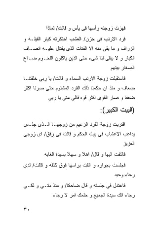 ‫ﻓﻬﺯﺕ ﺯﻭﺠﺘﻪ ﺭﺃﺴﻬﺎ ﻓﻰ ﻴﺄﺱ ﻭ ﻗﺎﻟﺕ/ ﻟﻤﺎﺫﺍ‬
‫ﻓﺭﺩ ﺍﻻﺭﻨﺏ ﻓﻰ ﺤﺯﻥ/ ﺍﻟﻌﺸﺏ ﺍﺤﺘﻜﺭﺘﻪ ﻜﺒﺎﺭ ﺍﻟﻔﻴﻠـﻪ ﻭ‬
‫ﺍﻟﺯﺭﺍﻑ ﻭ ﻤﺎ ﺒﻘﻰ ﻤﻨﻪ ﺍﻻ ﺍﻟﻔﺘﺎﺕ ﺍﻟﺫﻯ ﻴﻘﺘﺘل ﻋﻠﻴـﻪ ﺍﻨﺼـﺎﻑ‬
‫ﺍﻟﻜﺒﺎﺭ ﻭ ﻻ ﻴﺒﻘﻰ ﻟﻨﺎ ﺸﻰﺀ ﺤﺘﻰ ﺍﻟﺫﻴﻥ ﻴﺎﻜﻠﻭﻥ ﺍﻟﻠﺤـﻭﻡ ﻀـﺎﻉ‬
                                            ‫ﺍﻟﺼﻐﺎﺭ ﺒﻴﻨﻬﻡ‬
‫ﻓﺎﺴﺘﻘﺒﻠﺕ ﺯﻭﺠﺔ ﺍﻻﺭﻨﺏ ﺍﻟﺴﻤﺎﺀ ﻭ ﻗﺎﻟﺕ/ ﻴﺎ ﺭﺒﻰ ﺨﻠﻘﺘﻨـﺎ‬
‫ﻀﻌﺎﻑ ﻭ ﻤﻨﺫ ﺍﻥ ﺤﻜﻤﻨﺎ ﺫﻟﻙ ﺍﻟﻘﺭﺩ ﺍﻟﻤﺸﺌﻭﻡ ﺤﺘﻰ ﺼﺭﻨﺎ ﺍﻜﺜﺭ‬
            ‫ﻀﻌﻔﺎ ﻭ ﺼﺎﺭ ﺍﻟﻘﻭﻯ ﺍﻜﺜﺭ ﻗﻭﻩ ﻓﺎﻟﻰ ﻤﺘﻰ ﻴﺎ ﺭﺒﻰ‬

                                      ‫)ﺍﻟﺒﻴﺕ ﺍﻟﻜﺒﻴﺭ(:‬
‫ﺍﻗﺘﺭﺒﺕ ﺯﻭﺠﺔ ﺍﻟﻘﺭﺩ ﺍﻟﺯﻋﻴﻡ ﻤﻥ ﺯﻭﺠﻬـﺎ ﺍﻟـﺫﻯ ﺠﻠـﺱ‬
‫ﻴﺩﺍﻋﺏ ﺍﻻﻋﺸﺎﺏ ﻓﻰ ﺒﻴﺕ ﺍﻟﺤﻜﻡ ﻭ ﻗﺎﻟﺕ ﻓﻰ ﺭﻓﻕ/ ﺍﻯ ﺯﻭﺠﻰ‬
                                                  ‫ﺍﻟﻌﺯﻴﺯ‬
          ‫ﻓﺎﻟﺘﻔﺕ ﺍﻟﻴﻬﺎ ﻭ ﻗﺎل/ ﺍﻫﻼ ﻭ ﺴﻬﻼ ﺒﺴﻴﺩﺓ ﺍﻟﻐﺎﺒﻪ‬
‫ﻓﺠﻠﺴﺕ ﺒﺠﻭﺍﺭﻩ ﻭ ﺍﻟﻘﺕ ﺒﺭﺍﺴﻬﺎ ﻓﻭﻕ ﻜﺘﻔﻪ ﻭ ﻗﺎﻟﺕ/ ﻟﺩﻯ‬
                                              ‫ﺭﺠﺎﺀ ﻭﺤﻴﺩ‬
‫ﻓﺎﻋﺘﺩل ﻓﻰ ﺠﻠﺴﺘﻪ ﻭ ﻗﺎل ﻀﺎﺤﻜﺎ/ ﻭ ﻤﻨﺫ ﻤﺘـﻰ ﻭ ﻟﻜـﻰ‬
              ‫ﺭﺠﺎﺀ ﺍﻨﻙ ﺴﻴﺩﺓ ﺍﻟﺠﻤﻴﻊ ﻭ ﺤﻠﻤﻙ ﺍﻤﺭ ﻻ ﺭﺠﺎﺀ‬

‫٠٣‬
 