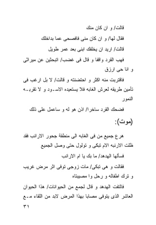 ‫ﻗﺎﻟﺕ/ ﻭ ﺍﻥ ﻜﺎﻥ ﻤﻨﻙ‬
        ‫ﻓﻘﺎل ﻟﻬﺎ/ ﻭ ﺍﻥ ﻜﺎﻥ ﻤﻨﻰ ﻓﺎﻓﺼﺤﻰ ﻋﻤﺎ ﺒﺩﺍﺨﻠﻙ‬
            ‫ﻗﺎﻟﺕ/ ﺍﺭﻴﺩ ﺍﻥ ﻴﺨﻠﻔﻙ ﺍﺒﻨﻰ ﺒﻌﺩ ﻋﻤﺭ ﻁﻭﻴل‬
‫ﻓﻬﺏ ﺍﻟﻘﺭﺩ ﻭﺍﻗﻔﺎ ﻭ ﻗﺎل ﻓﻰ ﻏﻀﺏ/ ﺍﺘﺒﺤﺜﻴﻥ ﻋﻥ ﻤﻴﺭﺍﺜﻰ‬
                                         ‫ﻭ ﺍﻨﺎ ﺤﻰ ﺍﺭﺯﻕ‬
‫ﻓﺎﻗﺘﺭﺒﺕ ﻤﻨﻪ ﺍﻜﺜﺭ ﻭ ﺍﺤﺘﻀﻨﺘﻪ ﻭ ﻗﺎﻟﺕ/ ﻻ ﺒل ﺍﺭﻏﺏ ﻓﻰ‬
‫ﺘﺄﻤﻴﻥ ﻁﺭﻴﻘﻪ ﻟﻌﺭﺵ ﺍﻟﻐﺎﺒﻪ ﻓﻼ ﻴﺴﺘﻌﻴﺩﻩ ﺍﻻﺴـﻭﺩ ﻭ ﻻ ﺘﻘﺭﺒـﻪ‬
                                                  ‫ﺍﻟﻨﻤﻭﺭ‬
   ‫ﻓﻀﺤﻙ ﺍﻟﻘﺭﺩ ﺴﺎﺨﺭﺍ/ ﺍﺫﻥ ﻫﻭ ﻟﻪ ﻭ ﺴﺎﻋﻤل ﻋﻠﻰ ﺫﻟﻙ‬

                                               ‫)ﻤﻭﺕ(:‬
‫ﻫﺭﻉ ﺠﻤﻴﻊ ﻤﻥ ﻓﻰ ﺍﻟﻐﺎﺒﻪ ﺍﻟﻰ ﻤﻨﻁﻘﺔ ﺠﺤﻭﺭ ﺍﻻﺭﺍﻨﺏ ﻓﻘﺩ‬
        ‫ﻅﻠﺕ ﺍﻻﺭﻨﺒﻪ ﺍﻻﻡ ﺘﺒﻜﻰ ﻭ ﺘﻭﻟﻭل ﺤﺘﻰ ﻭﺼل ﺍﻟﺠﻤﻴﻊ‬
                   ‫ﻓﺴﺄﻟﻬﺎ ﺍﻟﻬﺩﻫﺩ/ ﻤﺎ ﺒﻙ ﻴﺎ ﺍﻡ ﺍﻻﺭﺍﻨﺏ‬
‫ﻓﻘﺎﻟﺕ ﻭ ﻫﻰ ﺘﺒﻜﻰ/ ﻤﺎﺕ ﺯﻭﺠﻰ ﺘﻭﻓﻰ ﺍﺜﺭ ﻤﺭﺽ ﻏﺭﻴﺏ‬
                        ‫ﻭ ﺘﺭﻙ ﺍﻁﻔﺎﻟﻪ ﻭ ﺭﺤل ﻭﺍ ﻤﺼﻴﺒﺘﺎﻩ‬
‫ﻓﺎﻟﺘﻔﺕ ﺍﻟﻬﺩﻫﺩ ﻭ ﻗﺎل ﻟﺠﻤﻊ ﻤﻥ ﺍﻟﺤﻴﻭﺍﻨﺎﺕ/ ﻫﺫﺍ ﺍﻟﺤﻴﻭﺍﻥ‬
‫ﺍﻟﻌﺎﺸﺭ ﺍﻟﺫﻯ ﻴﺘﻭﻓﻰ ﻤﺼﺎﺒﺎ ﺒﻬﺫﺍ ﺍﻟﻤﺭﺽ ﻻﺒﺩ ﻤﻥ ﺍﻟﻠﻘﺎﺀ ﻤـﻊ‬
‫١٣‬
 