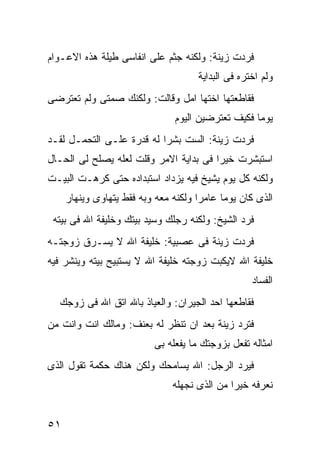 ‫ﻓﺭﺩﺕ ﺯﻴﻨﺔ: ﻭﻟﻜﻨﻪ ﺠﺜﻡ ﻋﻠﻰ ﺍﻨﻔﺎﺴﻰ ﻁﻴﻠﺔ ﻫﺫﻩ ﺍﻻﻋـﻭﺍﻡ‬
                                     ‫ﻭﻟﻡ ﺍﺨﺘﺭﻩ ﻓﻰ ﺍﻟﺒﺩﺍﻴﺔ‬
‫ﻓﻘﺎﻁﻌﺘﻬﺎ ﺍﺨﺘﻬﺎ ﺍﻤل ﻭﻗﺎﻟﺕ: ﻭﻟﻜﻨﻙ ﺼﻤﺘﻰ ﻭﻟﻡ ﺘﻌﺘﺭﻀﻰ‬
                               ‫ﻴﻭﻤﺎ ﻓﻜﻴﻑ ﺘﻌﺘﺭﻀﻴﻥ ﺍﻟﻴﻭﻡ‬
‫ﻓﺭﺩﺕ ﺯﻴﻨﺔ: ﺍﻟﺴﺕ ﺒﺸﺭﺍ ﻟﻪ ﻗﺩﺭﺓ ﻋﻠـﻰ ﺍﻟﺘﺤﻤـل ﻟﻘـﺩ‬
‫ﺍﺴﺘﺒﺸﺭﺕ ﺨﻴﺭﺍ ﻓﻰ ﺒﺩﺍﻴﺔ ﺍﻻﻤﺭ ﻭﻗﻠﺕ ﻟﻌﻠﻪ ﻴﺼﻠﺢ ﻟﻰ ﺍﻟﺤـﺎل‬
‫ﻭﻟﻜﻨﻪ ﻜل ﻴﻭﻡ ﻴﺸﻴﺦ ﻓﻴﻪ ﻴﺯﺩﺍﺩ ﺍﺴﺘﺒﺩﺍﺩﻩ ﺤﺘﻰ ﻜﺭﻫـﺕ ﺍﻟﺒﻴـﺕ‬
     ‫ﺍﻟﺫﻯ ﻜﺎﻥ ﻴﻭﻤﺎ ﻋﺎﻤﺭﺍ ﻭﻟﻜﻨﻪ ﻤﻌﻪ ﻭﺒﻪ ﻓﻘﻁ ﻴﺘﻬﺎﻭﻯ ﻭﻴﻨﻬﺎﺭ‬
 ‫ﻓﺭﺩ ﺍﻟﺸﻴﺦ: ﻭﻟﻜﻨﻪ ﺭﺠﻠﻙ ﻭﺴﻴﺩ ﺒﻴﺘﻙ ﻭﺨﻠﻴﻔﺔ ﺍﷲ ﻓﻰ ﺒﻴﺘﻪ‬
‫ﻓﺭﺩﺕ ﺯﻴﻨﺔ ﻓﻰ ﻋﺼﺒﻴﺔ: ﺨﻠﻴﻔﺔ ﺍﷲ ﻻ ﻴﺴـﺭﻕ ﺯﻭﺠﺘـﻪ‬
‫ﺨﻠﻴﻔﺔ ﺍﷲ ﻻﻴﻜﺒﺕ ﺯﻭﺠﺘﻪ ﺨﻠﻴﻔﺔ ﺍﷲ ﻻ ﻴﺴﺘﺒﻴﺢ ﺒﻴﺘﻪ ﻭﻴﻨﺸﺭ ﻓﻴﻪ‬
                                                   ‫ﺍﻟﻔﺴﺎﺩ‬
  ‫ﻓﻘﺎﻁﻌﻬﺎ ﺍﺤﺩ ﺍﻟﺠﻴﺭﺍﻥ: ﻭﺍﻟﻌﻴﺎﺫ ﺒﺎﷲ ﺍﺘﻕ ﺍﷲ ﻓﻰ ﺯﻭﺠﻙ‬
‫ﻓﺘﺭﺩ ﺯﻴﻨﺔ ﺒﻌﺩ ﺍﻥ ﺘﻨﻅﺭ ﻟﻪ ﺒﻌﻨﻑ: ﻭﻤﺎﻟﻙ ﺍﻨﺕ ﻭﺍﻨﺕ ﻤﻥ‬
                          ‫ﺍﻤﺜﺎﻟﻪ ﺘﻔﻌل ﺒﺯﻭﺠﺘﻙ ﻤﺎ ﻴﻔﻌﻠﻪ ﺒﻰ‬
‫ﻓﻴﺭﺩ ﺍﻟﺭﺠل: ﺍﷲ ﻴﺴﺎﻤﺤﻙ ﻭﻟﻜﻥ ﻫﻨﺎﻙ ﺤﻜﻤﺔ ﺘﻘﻭل ﺍﻟﺫﻯ‬
                               ‫ﻨﻌﺭﻓﻪ ﺨﻴﺭﺍ ﻤﻥ ﺍﻟﺫﻯ ﻨﺠﻬﻠﻪ‬


‫١٥‬
 