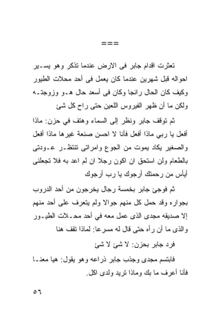 ‫===‬
‫ﺘﻌﺜﺭﺕ ﺍﻗﺩﺍﻡ ﺠﺎﺒﺭ ﻓﻰ ﺍﻻﺭﺽ ﻋﻨﺩﻤﺎ ﺘﺫﻜﺭ ﻭﻫﻭ ﻴﺴـﻴﺭ‬
‫ﺍﺤﻭﺍﻟﻪ ﻗﺒل ﺸﻬﺭﻴﻥ ﻋﻨﺩﻤﺎ ﻜﺎﻥ ﻴﻌﻤل ﻓﻰ ﺃﺤﺩ ﻤﺤﻼﺕ ﺍﻟﻁﻴﻭﺭ‬
‫ﻭﻜﻴﻑ ﻜﺎﻥ ﺍﻟﺤﺎل ﺭﺍﺌﺠﺎ ﻭﻜﺎﻥ ﻓﻰ ﺃﺴﻌﺩ ﺤﺎل ﻫـﻭ ﻭﺯﻭﺠﺘـﻪ‬
        ‫ﻭﻟﻜﻥ ﻤﺎ ﺃﻥ ﻅﻬﺭ ﺍﻟﻔﻴﺭﻭﺱ ﺍﻟﻠﻌﻴﻥ ﺤﺘﻰ ﺭﺍﺡ ﻜل ﺸﺊ‬
‫ﺜﻡ ﺘﻭﻗﻑ ﺠﺎﺒﺭ ﻭﻨﻅﺭ ﺇﻟﻰ ﺍﻟﺴﻤﺎﺀ ﻭﻫﺘﻑ ﻓﻲ ﺤﺯﻥ: ﻤﺎﺫﺍ‬
‫ﺃﻓﻌل ﻴﺎ ﺭﺒﻲ ﻤﺎﺫﺍ ﺃﻓﻌل ﻓﺄﻨﺎ ﻻ ﺍﺤﺴﻥ ﺼﻨﻌﺔ ﻏﻴﺭﻫﺎ ﻤﺎﺫﺍ ﺃﻓﻌل‬
‫ﻭﺍﻟﺼﻐﻴﺭ ﻴﻜﺎﺩ ﻴﻤﻭﺕ ﻤﻥ ﺍﻟﺠﻭﻉ ﻭﺍﻤﺭﺍﺘﻰ ﺘﻨﺘﻅـﺭ ﻋـﻭﺩﺘﻰ‬
‫ﺒﺎﻟﻁﻌﺎﻡ ﻭﻟﻥ ﺍﺴﺘﺤﻕ ﺍﻥ ﺍﻜﻭﻥ ﺭﺠﻼ ﺍﻥ ﻟﻡ ﺍﻋﺩ ﺒﻪ ﻓﻼ ﺘﺠﻌﻠﻨﻰ‬
                  ‫ﺃﻴﺄﺱ ﻤﻥ ﺭﺤﻤﺘﻙ ﺃﺭﺠﻭﻙ ﻴﺎ ﺭﺏ ﺃﺭﺠﻭﻙ‬
‫ﺜﻡ ﻓﻭﺠﺊ ﺠﺎﺒﺭ ﺒﺨﻤﺴﺔ ﺭﺠﺎل ﻴﺨﺭﺠﻭﻥ ﻤﻥ ﺃﺤﺩ ﺍﻟﺩﺭﻭﺏ‬
‫ﺒﺠﻭﺍﺭﻩ ﻭﻗﺩ ﺤﻤل ﻜل ﻤﻨﻬﻡ ﺠﻭﺍﻻ ﻭﻟﻡ ﻴﺘﻌﺭﻑ ﻋﻠﻰ ﺃﺤﺩ ﻤﻨﻬﻡ‬
‫ﺇﻻ ﺼﺩﻴﻘﻪ ﻤﺠﺩﻯ ﺍﻟﺫﻯ ﻋﻤل ﻤﻌﻪ ﻓﻲ ﺃﺤﺩ ﻤﺤـﻼﺕ ﺍﻟﻁﻴـﻭﺭ‬
        ‫ﻭﺍﻟﺫﻯ ﻤﺎ ﺃﻥ ﺭﺃﻩ ﺤﺘﻰ ﻗﺎل ﻟﻪ ﻤﺴﺭﻋﺎ: ﻟﻤﺎﺫﺍ ﺘﻘﻑ ﻫﻨﺎ‬
                       ‫ﹰ‬
                     ‫ﻓﺭﺩ ﺠﺎﺒﺭ ﺒﺤﺯﻥ: ﻻ ﺸﺊ ﻻ ﺸﺊ‬
‫ﻓﺎﺒﺘﺴﻡ ﻤﺠﺩﻯ ﻭﺠﺫﺏ ﺠﺎﺒﺭ ﺫﺭﺍﻋﻪ ﻭﻫﻭ ﻴﻘﻭل: ﻫﻴﺎ ﻤﻌﻨـﺎ‬
                  ‫ﻓﺄﻨﺎ ﺃﻋﺭﻑ ﻤﺎ ﺒﻙ ﻭﻤﺎﺫﺍ ﺘﺭﻴﺩ ﻭﻟﺩﻯ ﺍﻜل.‬

‫٦٥‬
 