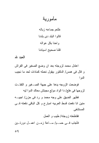 ‫ﻤﺄﻤﻭﺭﻴﺔ‬
                  ‫ﻁﻠﻌﻡ ﺠﻤﺎﻋﻪ ﺯﺒﺎﻟﻪ‬
                  ‫ﻗﺎﻟﻭﺍ ﺍﻟﺒﻠﺩ ﺩﻯ ﺒﻠﺩﻨﺎ‬
                   ‫ﻭﺍﺤﻨﺎ ﺒﻜل ﻋﻭﺍﻟﻪ‬
                  ‫ﻗﻠﻨﺎ ﺼﺤﻴﺢ ﺍﺴﻴﺎﺩﻨﺎ‬

‫ﺍﻟﻌﺒﺩ ﷲ‬

‫ﺍﻋﺘﺩل ﻤﺤﻤﺩ ﻟﺯﻭﺠﺘﻪ ﺒﻌﺩ ﺍﻥ ﻭﻀﻊ ﺍﻟﺼﻐﻴﺭ ﻓﻰ ﺍﻟﻔﺭﺍﺵ‬
‫ﻭ ﻗﺎل ﻓﻰ ﻫﻤﺱ/ ﺍﻟﺩﻜﺘﻭﺭ ﺒﻴﻘﻭل ﻨﻌﻤﻠﻪ ﻜﻤﺎﺩﺍﺕ ﻟﺤﺩ ﻤﺎ ﻨﺠﻴﺏ‬
                                                   ‫ﺍﻟﺩﻭﺍ‬
‫ﻓﻭﻀﻌﺕ ﺍﻟﺯﻭﺠﻪ ﻴﺩﻫﺎ ﻋﻠﻰ ﺠﺒﻬﺔ ﺍﻟﺼـﻐﻴﺭ ﻭ ﺍﻟﺘﻔﺘـﺕ‬
      ‫ﻟﺯﻭﺠﻬﺎ ﻓﻰ ﻫﻠﻊ/ ﺩﺍ ﺍﻟﻭﺍﺩ ﻤﻭﻟﻊ ﻤﺠﺒﺘﺵ ﻤﻌﺎﻙ ﺍﻟﺩﻭﺍ ﻟﻴﻪ‬
‫ﻓﻅﻬﺭ ﺍﻟﻀﻴﻕ ﻋﻠﻰ ﻭﺠﻪ ﻤﺤﻤﺩ ﻭ ﺭﺩ ﻓﻰ ﺤﺯﻥ/ ﺍﺠﻴﺒـﻪ‬
‫ﻤﻨﻴﻥ ﺍﻨﺎ ﺩﻓﻌﺕ ﻗﺴﻁ ﺍﻟﻌﺭﺒﻴﻪ ﺍﻤﺒﺎﺭﺡ ﻭ ﻜل ﺍﻟﺒﺎﻗﻰ ﺩﻓﻌﺘﻪ ﻓـﻰ‬
                                              ‫ﺍﻟﻤﺴﺘﺸﻔﻰ‬
                      ‫ﻓﻘﺎﻁﻌﺘﻪ ﺯﻭﺠﺘﻪ/ ﻁﻴﺏ ﻭ ﺍﻟﻌﻤل‬
‫ﻓﺄﺠﺎﺏ ﻓـﻰ ﺤﺴـﻡ/ ﺴـﺎﻋﺔ ﺯﻤـﻥ ﺍﻋﻤـل ﺩﻭﺭﺘـﻴﻥ‬

‫٩٥‬
 