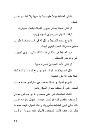 ‫ﻓﺄﺸﺎﺭ ﺍﻟﻀﺎﺒﻁ ﺒﻴﺩﻩ/ ﻁﻴﺏ ﻴﻼ ﻴﺎ ﺨﻭﻴﺎ ﻴﻼ ﺍﻁﻠـﻊ ﻋﻠـﻰ‬
                                                   ‫ﺍﻟﺴﻴﺩﻩ‬
     ‫ﺜﻡ ﺍﺸﺎﺭ ﻟﻤﺠﻨﺩ ﻴﺠﻠﺱ ﺒﺠﻭﺍﺭ ﺍﻟﺸﺒﺎﻙ ﻟﻴﺸﻌل ﺴﻴﺠﺎﺭﺘﻪ‬
                 ‫ﺘﻭﻗﻔﺕ ﺍﻟﺴﻴﺎﺭﻩ ﻓﻰ ﻤﻴﺩﺍﻥ ﺍﻟﺴﻴﺩﻩ ﺯﻴﻨﺏ‬
‫ﻓﺄﺴﺭﻉ ﻤﺤﻤﺩ ﻟﻠﻀﺎﺒﻁ ﻭ ﻗﺎل ﻟﻪ ﻓﻰ ﺍﺴـﺘﻌﻁﺎﻑ/ ﻁﻴـﺏ‬
                        ‫ﻤﻤﻜﻥ ﺤﻀﺭﺘﻙ ﺍﻋﻤل ﺘﻠﻴﻔﻭﻥ ﻟﻠﺒﻴﺕ‬
‫ﻓﺭﺩ ﺍﻟﻀﺎﺒﻁ ﻓﻰ ﻋﻨﻑ/ ﺍﻨﺕ ﺸﻜﻠﻙ ﻤﺵ ﻨـﺎﻭﻯ ﺘﺠﻴﺒﻬـﺎ‬
                                    ‫ﺍﻟﺒﺭ ﻭﺍﻨﺎ ﻤﺵ ﻓﺎﻀﻴﻠﻙ‬
                   ‫ﺜﻡ ﺍﺸﺎﺭ ﻷﺤﺩ ﺍﻟﻤﺠﻨﺩﻴﻥ ﻓﺄﺴﺭﻉ ﻤﻠﺒﻴﺎ‬
‫ﻓﻘﺎل ﺍﻟﻀﺎﺒﻁ/ ﺨﺩ ﺍﻟﻭﺍﺩ ﺩﻩ ﻭ ﻟﻭ ﺭﺍﺡ ﻜﺩﻩ ﻭ ﻻ ﻜﺩﻩ ﺸﻴﻠﻪ‬
                                ‫ﺍﻟﻠﻴﻠﻪ ﻜﻠﻬﺎ ﺍﻨﺎ ﻤﺵ ﻓﺎﻀﻴﻠﻪ‬
‫ﻓﺄﺴﺭﻉ ﺍﻟﻤﺠﻨﺩ ﻭ ﺍﻤﺴﻙ ﺒﻤﺤﻤﺩ ﻤﻥ ﺴﺘﺭﺘﻪ ﻭ ﺠﺫﺒﻪ ﺠـﺫﺒﺎ‬
                 ‫ﻟﻴﺠﻠﺱ ﻋﻠﻰ ﺍﻟﺭﺼﻴﻑ ﺒﺠﻭﺍﺭ ﺍﻟﻤﻴﻜﺭﻭﺒﺎﺹ‬
‫ﺍﺨﺫﺕ ﺍﻟﺴﺎﻋﺎﺕ ﺘﻤﺭ ﻋﻠﻰ ﻤﺤﻤﺩ ﻭ ﻫـﻭ ﺠـﺎﻟﺱ ﻋﻠـﻰ‬
‫ﺍﻟﺭﺼﻴﻑ ﻴﻨﺘﻔﺽ ﻗﻠﺒﻪ ﻓﺘﺭﺘﺠﻑ ﻋﻴﻭﻨﻪ ﻭ ﺘﻨﻬﺎل ﺩﻤﻭﻋﻪ ﻋﻠـﻰ‬
‫ﺨﺩﻩ ﺤﺘﻰ ﺍﻨﻬﻰ ﺍﻟﻀﺎﺒﻁ ﻤﺄﻤﻭﺭﻴﺘﻪ ﻭ ﻋﺎﺩ ﻟﻠﺴﻴﺎﺭﻩ ﻟﻴﺠﺩ ﻤﺤﻤـﺩ‬
‫ﻴﺒﻜﻰ ﻓﻰ ﻋﻨﻑ ﻓﺄﺸﺎﺭ ﻟﻠﻤﺠﻨﺩﻴﻥ ﻓﺄﻨﻬﺎﻟﻭ ﻋﻠﻴﻪ ﻀﺭﺒﺎ ﻭ ﺭﻜـﻼ‬


‫٢٦‬
 