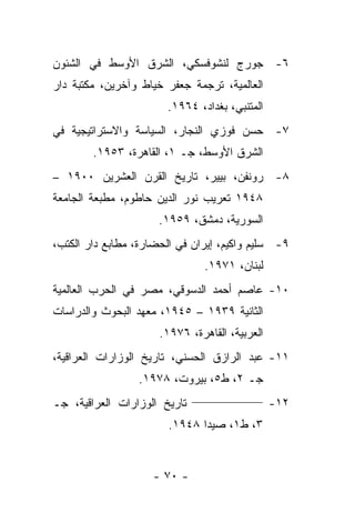 ‫٦- ﺠﻭﺭﺝ ﻟﻨﺸﻭﻓﺴﻜﻲ، ﺍﻟﺸﺭﻕ ﺍﻷﻭﺴﻁ ﻓﻲ ﺍﻟﺸﺌﻭﻥ‬
‫ﺍﻟﻌﺎﻟﻤﻴﺔ، ﺘﺭﺠﻤﺔ ﺠﻌﻔﺭ ﺨﻴﺎﻁ ﻭﺁﺨﺭﻴﻥ، ﻤﻜﺘﺒﺔ ﺩﺍﺭ‬
                       ‫ﺍﻟﻤﺘﻨﺒﻲ، ﺒﻐﺩﺍﺩ، ٤٦٩١.‬
‫٧- ﺤﺴﻥ ﻓﻭﺯﻱ ﺍﻟﻨﺠﺎﺭ، ﺍﻟﺴﻴﺎﺴﺔ ﻭﺍﻻﺴﺘﺭﺍﺘﻴﺠﻴﺔ ﻓﻲ‬
        ‫ﺍﻟﺸﺭﻕ ﺍﻷﻭﺴﻁ، ﺠـ ١، ﺍﻟﻘﺎﻫﺭﺓ، ٣٥٩١.‬
‫٨- ﺭﻭﻨﻔﻥ، ﺒﻴﻴﺭ، ﺘﺎﺭﻴﺦ ﺍﻟﻘﺭﻥ ﺍﻟﻌﺸﺭﻴﻥ ٠٠٩١ –‬
‫٨٤٩١ ﺘﻌﺭﻴﺏ ﻨﻭﺭ ﺍﻟﺩﻴﻥ ﺤﺎﻁﻭﻡ، ﻤﻁﺒﻌﺔ ﺍﻟﺠﺎﻤﻌﺔ‬
                     ‫ﺍﻟﺴﻭﺭﻴﺔ، ﺩﻤﺸﻕ، ٩٥٩١.‬
‫٩- ﺴﻠﻴﻡ ﻭﺍﻜﻴﻡ، ﺇﻴﺭﺍﻥ ﻓﻲ ﺍﻟﺤﻀﺎﺭﺓ، ﻤﻁﺎﺒﻊ ﺩﺍﺭ ﺍﻟﻜﺘﺏ،‬
                                ‫ﻟﺒﻨﺎﻥ، ١٧٩١.‬
‫٠١- ﻋﺎﺼﻡ ﺃﺤﻤﺩ ﺍﻟﺩﺴﻭﻗﻲ، ﻤﺼﺭ ﻓﻲ ﺍﻟﺤﺭﺏ ﺍﻟﻌﺎﻟﻤﻴﺔ‬
‫ﺍﻟﺜﺎﻨﻴﺔ ٩٣٩١ – ٥٤٩١، ﻤﻌﻬﺩ ﺍﻟﺒﺤﻭﺙ ﻭﺍﻟﺩﺭﺍﺴﺎﺕ‬
                      ‫ﺍﻟﻌﺭﺒﻴﺔ، ﺍﻟﻘﺎﻫﺭﺓ، ٦٧٩١.‬
‫١١- ﻋﺒﺩ ﺍﻟﺭﺍﺯﻕ ﺍﻟﺤﺴﻨﻲ، ﺘﺎﺭﻴﺦ ﺍﻟﻭﺯﺍﺭﺍﺕ ﺍﻟﻌﺭﺍﻗﻴﺔ،‬
                 ‫ﺠـ ٢، ﻁ٥، ﺒﻴﺭﻭﺕ، ٨٧٩١.‬
                              ‫_________________‬
‫ﺘﺎﺭﻴﺦ ﺍﻟﻭﺯﺍﺭﺍﺕ ﺍﻟﻌﺭﺍﻗﻴﺔ، ﺠـ‬                       ‫٢١-‬
                        ‫٣، ﻁ١، ﺼﻴﺩﺍ ٨٤٩١.‬


                    ‫- ٠٧ -‬
 
