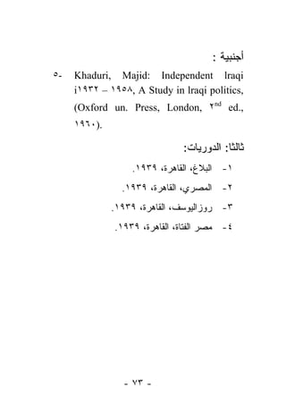 ‫ﺃﺠﻨﺒﻴﺔ :‬
‫-٥‬   ‫‪Khaduri, Majid: Independent lraqi‬‬
     ‫,‪i١٩٣٢ – ١٩٥٨, A Study in lraqi politics‬‬
     ‫,.‪(Oxford un. Press, London, ٢nd ed‬‬
     ‫.)٠٦٩١‬

                              ‫ﺜﺎﻟ ﹰﺎ: ﺍﻟﺩﻭﺭﻴﺎﺕ:‬
                                          ‫ﺜ‬
                  ‫١- ﺍﻟﺒﻼﻍ، ﺍﻟﻘﺎﻫﺭﺓ، ٩٣٩١.‬
                ‫٢- ﺍﻟﻤﺼﺭﻱ، ﺍﻟﻘﺎﻫﺭﺓ، ٩٣٩١.‬
              ‫٣- ﺭﻭﺯﺍﻟﻴﻭﺴﻑ، ﺍﻟﻘﺎﻫﺭﺓ، ٩٣٩١.‬
              ‫٤- ﻤﺼﺭ ﺍﻟﻔﺘﺎﺓ، ﺍﻟﻘﺎﻫﺭﺓ، ٩٣٩١.‬




                ‫- ٣٧ -‬
 