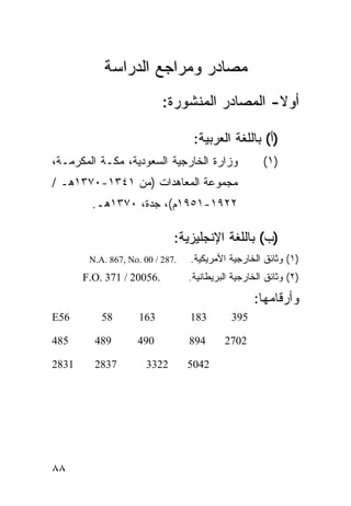 ‫ﻤﺼﺎﺩﺭ ﻭﻤﺭﺍﺠﻊ ﺍﻟﺩﺭﺍﺴﺔ‬
                           ‫ﺃﻭﻻ- ﺍﻟﻤﺼﺎﺩﺭ ﺍﻟﻤﻨﺸﻭﺭﺓ:‬
                                              ‫ﹰ‬

                                   ‫)ﺃ( ﺒﺎﻟﻠﻐﺔ ﺍﻟﻌﺭﺒﻴﺔ:‬
‫ﻭﺯﺍﺭﺓ ﺍﻟﺨﺎﺭﺠﻴﺔ ﺍﻟﺴﻌﻭﺩﻴﺔ، ﻤﻜـﺔ ﺍﻟﻤﻜﺭﻤـﺔ،‬               ‫)١(‬
‫ﻤﺠﻤﻭﻋﺔ ﺍﻟﻤﻌﺎﻫﺩﺍﺕ )ﻤﻥ ١٤٣١-٠٧٣١ﻫـ /‬
         ‫٢٢٩١-١٥٩١ﻡ(، ﺠﺩﺓ، ٠٧٣١ﻫـ.‬

                              ‫)ﺏ( ﺒﺎﻟﻠﻐﺔ ﺍﻹﻨﺠﻠﻴﺯﻴﺔ:‬
        ‫.782 / 00 .‪N.A. 867, No‬‬   ‫)١( ﻭﺜﺎﺌﻕ ﺍﻟﺨﺎﺭﺠﻴﺔ ﺍﻷﻤﺭﻴﻜﻴﺔ.‬
       ‫.65002 / 173 .‪F.O‬‬          ‫)٢( ﻭﺜﺎﺌﻕ ﺍﻟﺨﺎﺭﺠﻴﺔ ﺍﻟﺒﺭﻴﻁﺎﻨﻴﺔ.‬

                                                   ‫ﻭﺃﺭﻗﺎﻤﻬﺎ:‬
‫65‪E‬‬        ‫85‬        ‫361‬          ‫381‬        ‫593‬

‫584‬      ‫984‬        ‫094‬           ‫498‬      ‫2072‬

‫1382‬     ‫7382‬          ‫2233‬       ‫2405‬




‫٨٨‬
 