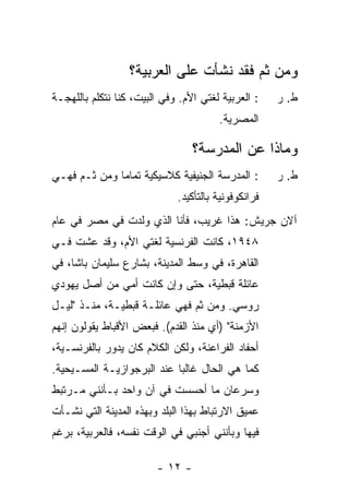 ‫ﻭﻤﻥ ﺜﻡ ﻓﻘﺩ ﻨﺸﺄﺕ ﻋﻠﻰ ﺍﻟﻌﺭﺒﻴﺔ؟‬
‫: ﺍﻟﻌﺭﺒﻴﺔ ﻟﻐﺘﻲ ﺍﻷﻡ. ﻭﻓﻲ ﺍﻟﺒﻴﺕ، ﻜﻨﺎ ﻨﺘﻜﻠﻡ ﺒﺎﻟﻠﻬﺠـﺔ‬    ‫ﻁ. ﺭ‬
                                       ‫ﺍﻟﻤﺼﺭﻴﺔ.‬

                                 ‫ﻭﻤﺎﺫﺍ ﻋﻥ ﺍﻟﻤﺩﺭﺴﺔ؟‬
‫: ﺍﻟﻤﺩﺭﺴﺔ ﺍﻟﺠﻨﻴﻔﻴﺔ ﻜﻼﺴﻴﻜﻴﺔ ﺘﻤﺎ ‪‬ﺎ ﻭﻤﻥ ﺜـﻡ ﻓﻬـﻲ‬
              ‫ﻤ‬                                      ‫ﻁ. ﺭ‬
                             ‫ﻓﺭﺍﻨﻜﻭﻓﻭﻨﻴﺔ ﺒﺎﻟﺘﺄﻜﻴﺩ.‬
‫ﺁﻻﻥ ﺠﺭﻴ‪‬ﺵ: ﻫﺫﺍ ﻏﺭﻴﺏ، ﻓﺄﻨﺎ ﺍﻟﺫﻱ ﻭﻟﺩﺕ ﻓﻲ ﻤﺼﺭ ﻓﻲ ﻋﺎﻡ‬
              ‫ﹸ‬
‫٨٤٩١، ﻜﺎﻨﺕ ﺍﻟﻔﺭﻨﺴﻴﺔ ﻟﻐﺘﻲ ﺍﻷﻡ، ﻭﻗﺩ ﻋﺸﺕ ﻓـﻲ‬
‫ﺍﻟﻘﺎﻫﺭﺓ، ﻓﻲ ﻭﺴﻁ ﺍﻟﻤﺩﻴﻨﺔ، ﺒﺸﺎﺭﻉ ﺴﻠﻴﻤﺎﻥ ﺒﺎﺸﺎ، ﻓﻲ‬
‫ﻋﺎﺌﻠﺔ ﻗﺒﻁﻴﺔ، ﺤﺘﻰ ﻭﺇﻥ ﻜﺎﻨﺕ ﺃﻤﻲ ﻤﻥ ﺃﺼل ﻴﻬﻭﺩﻱ‬
‫ﺭﻭﺴﻲ. ﻭﻤﻥ ﺜﻡ ﻓﻬﻲ ﻋﺎﺌﻠـﺔ ﻗﺒﻁﻴـﺔ، ﻤﻨـﺫ "ﻟﻴـل‬
‫ﺍﻷﺯﻤﻨﺔ" )ﺃﻱ ﻤﻨﺫ ﺍﻟﻘﺩﻡ(. ﻓﺒﻌﺽ ﺍﻷﻗﺒﺎﻁ ﻴﻘﻭﻟﻭﻥ ﺇﻨﻬﻡ‬
‫ﺃﺤﻔﺎﺩ ﺍﻟﻔﺭﺍﻋﻨﺔ، ﻭﻟﻜﻥ ﺍﻟﻜﻼﻡ ﻜﺎﻥ ﻴﺩﻭﺭ ﺒﺎﻟﻔﺭﻨﺴـﻴﺔ،‬
‫ﻜﻤﺎ ﻫﻲ ﺍﻟﺤﺎل ﻏﺎﻟ ‪‬ﺎ ﻋﻨﺩ ﺍﻟﺒﺭﺠﻭﺍﺯﻴـﺔ ﺍﻟﻤﺴـﻴﺤﻴﺔ.‬
                            ‫ﺒ‬
‫ﻭﺴﺭﻋﺎﻥ ﻤﺎ ﺃﺤﺴﺴﺕ ﻓﻲ ﺁﻥ ﻭﺍﺤﺩ ﺒـﺄﻨﻨﻲ ﻤـﺭﺘﺒﻁ‬
                         ‫ﹸ‬
‫ﻋﻤﻴﻕ ﺍﻻﺭﺘﺒﺎﻁ ﺒﻬﺫﺍ ﺍﻟﺒﻠﺩ ﻭﺒﻬﺫﻩ ﺍﻟﻤﺩﻴﻨﺔ ﺍﻟﺘﻲ ﻨﺸـﺄﺕ‬
‫ﹸ‬
‫ﻓﻴﻬﺎ ﻭﺒﺄﻨﻨﻲ ﺃﺠﻨﺒﻲ ﻓﻲ ﺍﻟﻭﻗﺕ ﻨﻔﺴﻪ، ﻓﺎﻟﻌﺭﺒﻴﺔ، ﺒﺭﻏﻡ‬

                        ‫- ٢١ -‬
 