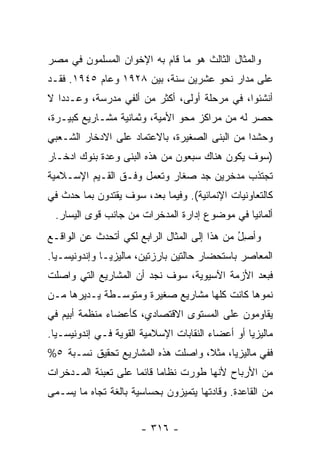 ‫ﻭﺍﻟﻤﺜﺎل ﺍﻟﺜﺎﻟﺙ ﻫﻭ ﻤﺎ ﻗﺎﻡ ﺒﻪ ﺍﻹﺨﻭﺍﻥ ﺍﻟﻤﺴﻠﻤﻭﻥ ﻓﻲ ﻤﺼﺭ‬
‫ﻋﻠﻰ ﻤﺩﺍﺭ ﻨﺤﻭ ﻋﺸﺭﻴﻥ ﺴﻨﺔ، ﺒﻴﻥ ٨٢٩١ ﻭﻋﺎﻡ ٥٤٩١. ﻓﻘـﺩ‬
‫ﺃﻨﺸﺌﻭﺍ، ﻓﻲ ﻤﺭﺤﻠﺔ ﺃﻭﻟﻰ، ﺃﻜﺜﺭ ﻤﻥ ﺃﻟﻔﻲ ﻤﺩﺭﺴﺔ، ﻭﻋـﺩ ‪‬ﺍ ﻻ‬
   ‫ﺩ‬
‫ﺤﺼﺭ ﻟﻪ ﻤﻥ ﻤﺭﺍﻜﺯ ﻤﺤﻭ ﺍﻷﻤﻴﺔ، ﻭﺜﻤﺎﻨﻴﺔ ﻤﺸـﺎﺭﻴﻊ ﻜﺒﻴـﺭﺓ،‬
‫ﻭﺤﺸ ‪‬ﺍ ﻤﻥ ﺍﻟﺒﻨﻰ ﺍﻟﺼﻐﻴﺭﺓ، ﺒﺎﻻﻋﺘﻤﺎﺩ ﻋﻠﻰ ﺍﻻﺩﺨﺎﺭ ﺍﻟﺸـﻌﺒﻲ‬
                                               ‫ﺩ‬
‫)ﺴﻭﻑ ﻴﻜﻭﻥ ﻫﻨﺎﻙ ﺴﺒﻌﻭﻥ ﻤﻥ ﻫﺫﻩ ﺍﻟﺒﻨﻰ ﻭﻋﺩﺓ ﺒﻨﻭﻙ ﺍﺩﺨـﺎﺭ‬
‫ﺘﺠﺘﺫﺏ ﻤﺩﺨﺭﻴﻥ ﺠﺩ ﺼﻐﺎﺭ ﻭﺘﻌﻤل ﻭﻓـﻕ ﺍﻟﻘـﻴﻡ ﺍﻹﺴـﻼﻤﻴﺔ‬
‫ﻜﺎﻟﺘﻌﺎﻭﻨﻴﺎﺕ ﺍﻹﻨﻤﺎﺌﻴﺔ(. ﻭﻓﻴﻤﺎ ﺒﻌﺩ، ﺴﻭﻑ ﻴﻘﺘﺩﻭﻥ ﺒﻤﺎ ﺤﺩﺙ ﻓﻲ‬
 ‫ﺃﻟﻤﺎﻨﻴﺎ ﻓﻲ ﻤﻭﻀﻭﻉ ﺇﺩﺍﺭﺓ ﺍﻟﻤﺩﺨﺭﺍﺕ ﻤﻥ ﺠﺎﻨﺏ ﻗﻭﻯ ﺍﻟﻴﺴﺎﺭ.‬
‫ﻭﺃﺼل ﻤﻥ ﻫﺫﺍ ﺇﻟﻰ ﺍﻟﻤﺜﺎل ﺍﻟﺭﺍﺒﻊ ﻟﻜﻲ ﺃﺘﺤﺩﺙ ﻋﻥ ﺍﻟﻭﺍﻗـﻊ‬
                                              ‫ُِ‬
‫ﺍﻟﻤﻌﺎﺼﺭ ﺒﺎﺴﺘﺤﻀﺎﺭ ﺤﺎﻟﺘﻴﻥ ﺒﺎﺭﺯﺘﻴﻥ، ﻤﺎﻟﻴﺯﻴـﺎ ﻭﺇﻨﺩﻭﻨﻴﺴـﻴﺎ.‬
‫ﻓﺒﻌﺩ ﺍﻷﺯﻤﺔ ﺍﻵﺴﻴﻭﻴﺔ، ﺴﻭﻑ ﻨﺠﺩ ﺃﻥ ﺍﻟﻤﺸﺎﺭﻴﻊ ﺍﻟﺘﻲ ﻭﺍﺼﻠﺕ‬
‫ﻨﻤﻭﻫﺎ ﻜﺎﻨﺕ ﻜﻠﻬﺎ ﻤﺸﺎﺭﻴﻊ ﺼﻐﻴﺭﺓ ﻭﻤﺘﻭﺴـﻁﺔ ﻴـﺩﻴﺭﻫﺎ ﻤـﻥ‬
‫ﻴﻘﺎﻭﻤﻭﻥ ﻋﻠﻰ ﺍﻟﻤﺴﺘﻭﻯ ﺍﻻﻗﺘﺼﺎﺩﻱ، ﻜﺄﻋﻀﺎﺀ ﻤﻨﻅﻤﺔ ﺃﺒﻴﻡ ﻓﻲ‬
‫ﻤﺎﻟﻴﺯﻴﺎ ﺃﻭ ﺃﻋﻀﺎﺀ ﺍﻟﻨﻘﺎﺒﺎﺕ ﺍﻹﺴﻼﻤﻴﺔ ﺍﻟﻘﻭﻴﺔ ﻓـﻲ ﺇﻨﺩﻭﻨﻴﺴـﻴﺎ.‬
‫ﻓﻔﻲ ﻤﺎﻟﻴﺯﻴﺎ، ﻤﺜ ﹰ، ﻭﺍﺼﻠﺕ ﻫﺫﻩ ﺍﻟﻤﺸﺎﺭﻴﻊ ﺘﺤﻘﻴﻕ ﻨﺴـﺒﺔ ٥%‬
                                   ‫ﻼ‬
‫ﻤﻥ ﺍﻷﺭﺒﺎﺡ ﻷﻨﻬﺎ ﻁﻭﺭﺕ ﻨﻅﺎ ‪‬ﺎ ﻗﺎﺌ ‪‬ﺎ ﻋﻠﻰ ﺘﻌﺒﺌﺔ ﺍﻟﻤـﺩﺨﺭﺍﺕ‬
                     ‫ﻤ ﻤ‬
‫ﻤﻥ ﺍﻟﻘﺎﻋﺩﺓ. ﻭﻗﺎﺩ ﹸﻬﺎ ﻴﺘﻤﻴﺯﻭﻥ ﺒﺤﺴﺎﺴﻴﺔ ﺒﺎﻟﻐﺔ ﺘﺠﺎﻩ ﻤﺎ ﻴﺴـﻤﻰ‬
                                      ‫ﺘ‬


                       ‫- ٦١٣ -‬
 