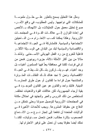 ‫ﻭﻤﺜل ﻫﺫﺍ ﺍﻟﺘﺤﻠﻴل ﻴﺴﻤﺢ ﺒﺎﻟﻌﺜﻭﺭ ﻋﻠـﻰ ﺤﻠـﻭل ﻤﻠﻤﻭﺴـﺔ‬
‫ﻟﻠﻤﺸﻜﻼﺕ ﺍﻟﺘﻲ ﻨﻭﺍﺠﻬﻬﺎ. ﻭﻟﻴﺱ ﺍﻟﻤﻁﻠﻭﺏ، ﻓﻲ ﻭﺍﻗﻊ ﺍﻷﻤـﺭ،‬
‫ﺼﻭﻍ ﺘﺤﻠﻴل ﻤﻌﻤﻕ ﺤﻭل ﺍﻟﺘﻤﺜﻴﻼﺕ، ﺒل ﺍﻻﻨﻬﻤﺎﻙ ﺒـﺎﻷﺨﺹ‬
‫ﻓﻲ ﺇﻋﺎﺩﺓ ﺍﻟﺘﻭﺍﺯﻥ ﺇﻟـﻰ ﻋﻼﻗـﺎﺕ ﺍﻟﻘـﻭﺓ ﻓـﻲ ﺍﻟﻤﺠﺘﻤﻌـﺎﺕ‬
‫ﺍﻷﻭﺭﻭﺒﻴﺔ. ﻭﻫﻜﺫﺍ ﻴﻤﻜﻨﻨﺎ ﻜﺴـﺏ ﺍﻻﺤﺘـﺭﺍﻡ ﻤـﻥ ﺍﻟﻨـﺎﺤﻴﺘﻴﻥ‬
‫ﺍﻻﺠﺘﻤﺎﻋﻴﺔ ﻭﺍﻟﺴﻴﺎﺴﻴﺔ. ﻓﺎﻟﻤﺸﺎﺭﻜﺔ ﻓـﻲ ﺍﻟﺤﻴـﺎﺓ ﺍﻻﺠﺘﻤﺎﻋﻴـﺔ‬
‫ﻭﺍﻻﻗﺘﺼﺎﺩﻴﺔ ﻭﺍﻟﺴﻴﺎﺴﻴﺔ ﻟﺒﻠﺩ ﻤﻥ ﺍﻟﺒﻠﺩﺍﻥ ﻫﻲ ﺍﻟﻭﺴـﻴﻠﺔ ﺍﻷﻜﺜـﺭ‬
‫ﻓﺎﻋﻠﻴﺔ ﻟﻠﺨﺭﻭﺝ ﻤﻥ ﺭﺩ ﺍﻟﻔﻌل ﺍﻟﻬﻭﻴﺎﺘﻲ ﺍﻻﻨﺴـﺤﺎﺒﻲ. ﻭﻟﻨﺄﺨـﺫ‬
‫ﻤﺜﺎﻻ ﻤﻥ ﺒﻴﻥ ﺃﻜﺜﺭ ﺍﻷﻤﺜﻠﺔ ﺩﻻﻟﺔ، ﺠﺯﻴﺭﺓ ﺭﻴﻭﻨﻴﻭﻥ. ﻓﻨﺤﻥ ﻤﻥ‬ ‫ﹰ‬
‫ﺜﻡ ﻓﻲ ﻓﺭﻨﺴﺎ، ﻟﻜﻨﻨﺎ ﻓﻲ ﻤﺤﺎﻓﻅﺔ ‪‬ﻌﺩ ﻓﻴﻬﺎ ﺍﻟﻤﺴﻠﻤﻭﻥ ﺃﻏﻨﻴﺎﺀ، ﺒل‬
                         ‫ﻴ ﱡ‬
‫ﻭﺠﺩ ﺃﻏﻨﻴﺎﺀ. ﻓﻬـﻡ ﻴﺸـﺎﺭﻜﻭﻥ ﺒﺸـﻜل ﻨﺸـﻴﻁ ﻓـﻲ ﺍﻟﺤﻴـﺎﺓ‬
‫ﺍﻻﻗﺘﺼﺎﺩﻴﺔ، ﻭﻨﺤﻥ ﻻ ﻨﺠﺩ ﻫﻨﺎﻙ ﺘﻠـﻙ ﺍﻟﻨﻘﺎﺸـﺎﺕ ﺍﻟﻤﺘـﻭﺘﺭﺓ‬
‫ﻭﺍﻟﻤﺘﺸﻨﺠﺔ ﺤﻭل ﻗﺭﺍﺀﺓ ﻤﺎ ﻟﻠﻘﺎﻨﻭﻥ ﺃﻭ ﺤﻭل ﻁﺭﻕ ﺍﻟﻤﻤﺎﺭﺴـﺔ‬
‫ﺍﻟﺩﻴﻨﻴﺔ. ﻓﺎﻟﺒﻠﺩ ﻭﺍﺤﺩ ﻭﺍﻟﻘﺎﻨﻭﻥ ﻫﻭ ﻋﻴﻥ ﺍﻟﻘﺎﻨﻭﻥ ﺍﻟﻤﻭﺠـﻭﺩ ﻓـﻲ‬
‫ﺒﻘﻴﺔ ﺃﺭﺠﺎﺀ ﺍﻟﺠﻤﻬﻭﺭﻴﺔ، ﻟﻜﻥ ﻋﻼﻗﺎﺕ ﺍﻟﻘﻭﺓ ﻭﺍﻟﺫﻫﻨﻴﺎﺕ ﺘﺨﺘﻠﻑ.‬
‫ﻟﻨﺴﺘﺨﻠﺹ ﻤﻥ ﺫﻟﻙ ﺍﻟﺩﺭﻭﺱ ﻭﺍﻟﻌﺒﺭ ﻭﻟﻨﺠﺘﻬﺩ ﻓﻲ ﺍﺤﺘﻼل ﻤﻜﺎﻨﺔ‬
‫ﻓﻲ ﺍﻟﻤﺠﺘﻤﻌﺎﺕ ﺍﻷﻭﺭﻭﺒﻴﺔ ﻟﺘﻭﺼﻴل ﺼﻭﺘﻨﺎ ﻭﺤﺘﻰ ﻨﺘﻤﻜﻥ ﻤـﻥ‬
‫ﺍﻟﺩﻓﺎﻉ ﻋﻥ ﺤﻘﻭﻗﻨﺎ ﺍﻟﻤﺸﺭﻭﻋﺔ. ﻭﻴﺠﺏ ﻟﻸﺤﺩﺍﺙ ﺍﻷﺨﻴﺭﺓ ﻓـﻲ‬
‫ﺍﻟﻭﻻﻴﺎﺕ ﺍﻟﻤﺘﺤﺩﺓ ﺃﻥ ﺘﺩﻓﻌﻨﺎ ﺇﻟﻰ ﺇﻨﺠﺎﺯ ﻨـﻭﻉ ﻤـﻥ ﺍﻻﻨـﺩﻤﺎﺝ‬
‫ﺍﻟﻤﺼﺤﻭﺏ ﺒﺈﺜﺎﺭﺓ ﻤﻁﺎﻟﺏ: ﻓﻨﺤﻥ ﻨﺘﺤﻤل ﻤﺴـﺌﻭﻟﻴﺎﺕ، ﻟﻜﻨﻨـﺎ‬
    ‫ﻨﻤﻠﻙ ﺃﻴﻀﺎ ﺤﻘﻭ ﹰﺎ ﻴﺠﺏ ﺃﻥ ﻨﻌﻤل ﻋﻠﻰ ﺘﻭﻓﻴﺭ ﺍﻻﺤﺘﺭﺍﻡ ﻟﻬﺎ.‬
                                          ‫ﻗ‬     ‫‪‬‬

                       ‫- ٧٢٤ -‬
 