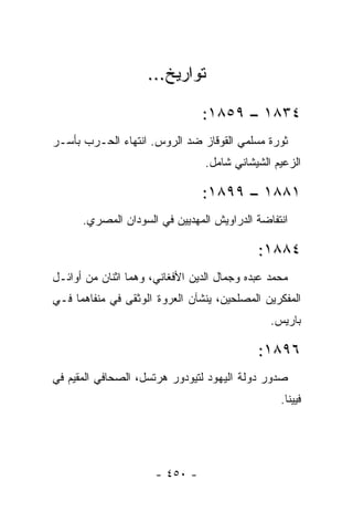 ‫ﺘﻭﺍﺭﻴﺦ...‬

                                ‫٤٣٨١ – ٩٥٨١:‬
‫ﺜﻭﺭﺓ ﻤﺴﻠﻤﻲ ﺍﻟﻘﻭﻗﺎﺯ ﻀﺩ ﺍﻟﺭﻭﺱ. ﺍﻨﺘﻬﺎﺀ ﺍﻟﺤـﺭﺏ ﺒﺄﺴـﺭ‬
                                 ‫ﺍﻟﺯﻋﻴﻡ ﺍﻟﺸﻴﺸﺎﻨﻲ ﺸﺎﻤل.‬

                                ‫١٨٨١ – ٩٩٨١:‬
      ‫ﺍﻨﺘﻔﺎﻀﺔ ﺍﻟﺩﺭﺍﻭﻴﺵ ﺍﻟﻤﻬﺩﻴﻴﻥ ﻓﻲ ﺍﻟﺴﻭﺩﺍﻥ ﺍﻟﻤﺼﺭﻱ.‬

                                            ‫٤٨٨١:‬
‫ﻤﺤﻤﺩ ﻋﺒﺩﻩ ﻭﺠﻤﺎل ﺍﻟﺩﻴﻥ ﺍﻷﻓﻐﺎﻨﻲ، ﻭﻫﻤﺎ ﺍﺜﻨﺎﻥ ﻤﻥ ﺃﻭﺍﺌـل‬
‫ﺍﻟﻤﻔﻜﺭﻴﻥ ﺍﻟﻤﺼﻠﺤﻴﻥ، ﻴﻨﺸﺂﻥ ﺍﻟﻌﺭﻭﺓ ﺍﻟﻭﺜﻘﻰ ﻓﻲ ﻤﻨﻔﺎﻫﻤﺎ ﻓـﻲ‬
                                               ‫ﺒﺎﺭﻴﺱ.‬

                                            ‫٦٩٨١:‬
‫ﺼﺩﻭﺭ ﺩﻭﻟﺔ ﺍﻟﻴﻬﻭﺩ ﻟﺘﻴﻭﺩﻭﺭ ﻫﺭﺘﺴل، ﺍﻟﺼﺤﺎﻓﻲ ﺍﻟﻤﻘﻴﻡ ﻓﻲ‬
                                                 ‫ﻓﻴﻴﻨﺎ.‬




                      ‫- ٠٥٤ -‬
 