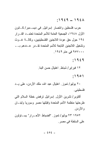 ‫٨٤٩١ – ٩٤٩١:‬
‫ﺤﺭﺏ ﻓﻠﺴﻁﻴﻥ ﻭﺍﻨﺘﺼﺎﺭ ﺇﺴﺭﺍﺌﻴل. ﻓﻲ ﺩﻴﺴـﻤﺒﺭ/ ﻜـﺎﻨﻭﻥ‬
‫ﺍﻷﻭل ٨٤٩١، ﺍﻟﺠﻤﻌﻴﺔ ﺍﻟﻌﺎﻤﺔ ﻟﻸﻤﻡ ﺍﻟﻤﺘﺤﺩﺓ ﺘﻌﺘﻤـﺩ ﺍﻟﻘـﺭﺍﺭ‬
‫٤٩١ ﺤﻭل ﺤﻕ ﻋﻭﺩﺓ ﺍﻟﻼﺠﺌﻴﻥ ﺍﻟﻔﻠﺴﻁﻴﻨﻴﻴﻥ، ﻭﻜﺎﻟـﺔ ﻏـﻭﺙ‬
‫ﻭﺘﺸﻐﻴل ﺍﻟﻼﺠﺌﻴﻥ ﺍﻟﺘﺎﺒﻌﺔ ﻟﻸﻤﻡ ﺍﻟﻤﺘﺤﺩﺓ ﺘﻘـﺩﺭ ﻋـﺩﺩﻫﻡ ﺒــ‬
                             ‫٠٠٠٧٥٩ ﻓﻲ ﻋﺎﻡ ٩٤٩١.‬

                                            ‫٩٤٩١:‬
                 ‫٢١ ﻓﺒﺭﺍﻴﺭ/ ﺸﺒﺎﻁ. ﺍﻏﺘﻴﺎل ﺤﺴﻥ ﺍﻟﺒﻨﺎ.‬

                                            ‫١٥٩١:‬
‫٠٢ ﻴﻭﻟﻴﻭ/ ﺘﻤﻭﺯ. ﺍﻏﺘﻴﺎل ﻋﺒﺩ ﺍﷲ، ﻤﻠﻙ ﺍﻷﺭﺩﻥ، ﻋﻠﻰ ﻴـﺩ‬
                                             ‫ﻓﻠﺴﻁﻴﻨﻲ.‬
‫ﺃﻜﺘﻭﺒﺭ/ ﺘﺸﺭﻴﻥ ﺍﻷﻭل. ﺇﺴﺭﺍﺌﻴل ﺘﺭﻓﺽ ﺨﻁﺔ ﺍﻟﺴﻼﻡ ﺍﻟﺘﻲ‬
‫ﻁﺭﺤﺘﻬﺎ ﻤﻨﻅﻤﺔ ﺍﻷﻤﻡ ﺍﻟﻤﺘﺤﺩﺓ ﻭﻗﺒﻠﺘﻬﺎ ﻤﺼﺭ ﻭﺴﻭﺭﻴﺎ ﻭﻟﺒﻨـﺎﻥ‬
                                             ‫ﻭﺍﻷﺭﺩﻥ.‬
‫٢٥٩١ ٣٢ ﻴﻭﻟﻴﻭ/ ﺘﻤﻭﺯ. "ﺍﻟﻀﺒﺎﻁ ﺍﻷﺤـﺭﺍﺭ" ﻴﺴـﺘﻭﻟﻭﻥ‬
                                ‫ﻋﻠﻰ ﺍﻟﺴﻠﻁﺔ ﻓﻲ ﻤﺼﺭ.‬


                     ‫- ٤٥٤ -‬
 