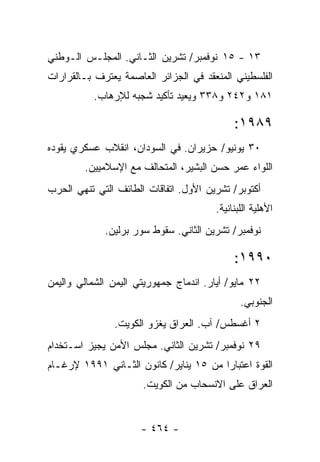 ‫٣١ - ٥١ ﻨﻭﻓﻤﺒﺭ/ ﺘﺸﺭﻴﻥ ﺍﻟﺜـﺎﻨﻲ. ﺍﻟﻤﺠﻠـﺱ ﺍﻟـﻭﻁﻨﻲ‬
‫ﺍﻟﻔﻠﺴﻁﻴﻨﻲ ﺍﻟﻤﻨﻌﻘﺩ ﻓﻲ ﺍﻟﺠﺯﺍﺌﺭ ﺍﻟﻌﺎﺼﻤﺔ ﻴﻌﺘﺭﻑ ﺒـﺎﻟﻘﺭﺍﺭﺍﺕ‬
           ‫١٨١ ﻭ٢٤٢ ﻭ٨٣٣ ﻭﻴﻌﻴﺩ ﺘﺄﻜﻴﺩ ﺸﺠﺒﻪ ﻟﻺﺭﻫﺎﺏ.‬

                                             ‫٩٨٩١:‬
‫٠٣ ﻴﻭﻨﻴﻭ/ ﺤﺯﻴﺭﺍﻥ. ﻓﻲ ﺍﻟﺴﻭﺩﺍﻥ، ﺍﻨﻘﻼﺏ ﻋﺴﻜﺭﻱ ﻴﻘﻭﺩﻩ‬
        ‫ﺍﻟﻠﻭﺍﺀ ﻋﻤﺭ ﺤﺴﻥ ﺍﻟﺒﺸﻴﺭ، ﺍﻟﻤﺘﺤﺎﻟﻑ ﻤﻊ ﺍﻹﺴﻼﻤﻴﻴﻥ.‬
‫ﺃﻜﺘﻭﺒﺭ/ ﺘﺸﺭﻴﻥ ﺍﻷﻭل. ﺍﺘﻔﺎﻗﺎﺕ ﺍﻟﻁﺎﺌﻑ ﺍﻟﺘﻲ ﹸﻨﻬﻲ ﺍﻟﺤﺭﺏ‬
         ‫ﺘ‬
                                        ‫ﺍﻷﻫﻠﻴﺔ ﺍﻟﻠﺒﻨﺎﻨﻴﺔ.‬
             ‫ﻨﻭﻓﻤﺒﺭ/ ﺘﺸﺭﻴﻥ ﺍﻟﺜﺎﻨﻲ. ﺴﻘﻭﻁ ﺴﻭﺭ ﺒﺭﻟﻴﻥ.‬

                                             ‫٠٩٩١:‬
‫٢٢ ﻤﺎﻴﻭ/ ﺃﻴﺎﺭ. ﺍﻨﺩﻤﺎﺝ ﺠﻤﻬﻭﺭﻴﺘﻲ ﺍﻟﻴﻤﻥ ﺍﻟﺸﻤﺎﻟﻲ ﻭﺍﻟﻴﻤﻥ‬
                                               ‫ﺍﻟﺠﻨﻭﺒﻲ.‬
               ‫٢ ﺃﻏﺴﻁﺱ/ ﺁﺏ. ﺍﻟﻌﺭﺍﻕ ﻴﻐﺯﻭ ﺍﻟﻜﻭﻴﺕ.‬
‫٩٢ ﻨﻭﻓﻤﺒﺭ/ ﺘﺸﺭﻴﻥ ﺍﻟﺜﺎﻨﻲ. ﻤﺠﻠﺱ ﺍﻷﻤﻥ ﻴﺠﻴﺯ ﺍﺴـﺘﺨﺩﺍﻡ‬
‫ﺍﻟﻘﻭﺓ ﺍﻋﺘﺒﺎ ‪‬ﺍ ﻤﻥ ٥١ ﻴﻨﺎﻴﺭ/ ﻜﺎﻨﻭﻥ ﺍﻟﺜـﺎﻨﻲ ١٩٩١ ﻹﺭﻏـﺎﻡ‬
                                        ‫ﺭ‬
                      ‫ﺍﻟﻌﺭﺍﻕ ﻋﻠﻰ ﺍﻻﻨﺴﺤﺎﺏ ﻤﻥ ﺍﻟﻜﻭﻴﺕ.‬


                      ‫- ٤٦٤ -‬
 