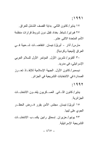 ‫١٩٩١:‬
   ‫٧١ ﻴﻨﺎﻴﺭ/ ﻜﺎﻨﻭﻥ ﺍﻟﺜﺎﻨﻲ. ﺒﺩﺍﻴﺔ ﺍﻟﻘﺼﻑ ﺍﻟﺸﺎﻤل ﻟﻠﻌﺭﺍﻕ.‬
‫٧٢ ﻓﺒﺭﺍﻴﺭ/ ﺸﺒﺎﻁ. ﺒﻐﺩﺍﺩ ﺘﻘﺒل ﺩﻭﻥ ﺸﺭﻭﻁ ﻗﺭﺍﺭﺍﺕ ﻤﻨﻅﻤﺔ‬
                               ‫ﺍﻷﻤﻡ ﺍﻟﻤﺘﺤﺩﺓ ﺍﻻﺜﻨﻰ ﻋﺸﺭ.‬
‫ﻤﺎﺭﺱ/ ﺁﺫﺍﺭ - ﺃﺒﺭﻴل/ ﻨﻴﺴﺎﻥ. ﺍﻨﺘﻔﺎﻀـﺎﺕ ﺸـﻌﺒﻴﺔ ﻓـﻲ‬
                                 ‫ﺍﻟﻌﺭﺍﻕ )ﺸﻴﻌﻴﺔ ﻭﻜﺭﺩﻴﺔ(.‬
‫٠٣ ﺃﻜﺘﻭﺒﺭ/ ﺘﺸﺭﻴﻥ ﺍﻷﻭل. ﺍﻟﻤﺅﺘﻤﺭ ﺍﻷﻭل ﻟﻠﺴﻼﻡ ﺍﻟﻌﺭﺒﻲ‬
                                  ‫ﺍﻹﺴﺭﺍﺌﻴﻠﻲ، ﻓﻲ ﻤﺩﺭﻴﺩ.‬
‫ﺩﻴﺴﻤﺒﺭ/ ﻜﺎﻨﻭﻥ ﺍﻷﻭل. ﺍﻟﺠﺒﻬﺔ ﺍﻹﺴﻼﻤﻴﺔ ﻟﻺﻨﻘـﺎﺫ ﺘﺤـﺭﺯ‬
             ‫ﺍﻟﺼﺩﺍﺭﺓ ﻓﻲ ﺍﻻﻨﺘﺨﺎﺒﺎﺕ ﺍﻟﺘﺸﺭﻴﻌﻴﺔ ﻓﻲ ﺍﻟﺠﺯﺍﺌﺭ.‬

                                              ‫٢٩٩١:‬
‫ﻴﻨﺎﻴﺭ/ ﻜﺎﻨﻭﻥ ﺍﻟﺜـﺎﻨﻲ. ﺍﻟﻌﺴـﻜﺭﻴﻭﻥ ﻴﻠﻐـﻭﻥ ﺍﻻﻨﺘﺨﺎﺒـﺎﺕ‬
                                              ‫ﺍﻟﺠﺯﺍﺌﺭﻴﺔ.‬
‫٥١ ﺃﺒﺭﻴل/ ﻨﻴﺴﺎﻥ. ﻤﺠﻠﺱ ﺍﻷﻤﻥ ﻴﻘﺭﺭ ﻓـﺭﺽ ﺍﻟﺤﻅـﺭ‬
                                        ‫ﺍﻟﺠﻭﻱ ﻋﻠﻰ ﻟﻴﺒﻴﺎ.‬
‫٣٢ ﻴﻭﻨﻴﻭ/ ﺤﺯﻴﺭﺍﻥ. ﺇﺴﺤﺎﻕ ﺭﺍﺒﻴﻥ ﻴﻜﺴـﺏ ﺍﻻﻨﺘﺨﺎﺒـﺎﺕ‬
                                   ‫ﺍﻟﺘﺸﺭﻴﻌﻴﺔ ﺍﻹﺴﺭﺍﺌﻴﻠﻴﺔ.‬

                       ‫- ٥٦٤ -‬
 
