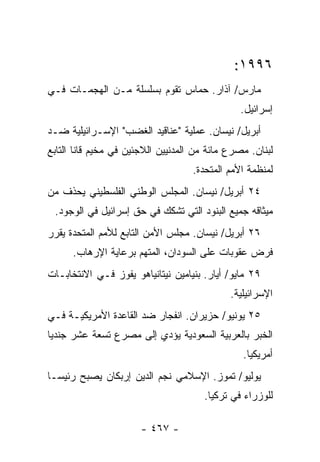 ‫٦٩٩١:‬
‫ﻤﺎﺭﺱ/ ﺁﺫﺍﺭ. ﺤﻤﺎﺱ ﺘﻘﻭﻡ ﺒﺴﻠﺴﻠﺔ ﻤـﻥ ﺍﻟﻬﺠﻤـﺎﺕ ﻓـﻲ‬
                                                ‫ﺇﺴﺭﺍﺌﻴل.‬
‫ﺃﺒﺭﻴل/ ﻨﻴﺴﺎﻥ. ﻋﻤﻠﻴﺔ "ﻋﻨﺎﻗﻴﺩ ﺍﻟﻐﻀﺏ" ﺍﻹﺴـﺭﺍﺌﻴﻠﻴﺔ ﻀـﺩ‬
‫ﻟﺒﻨﺎﻥ. ﻤﺼﺭﻉ ﻤﺎﺌﺔ ﻤﻥ ﺍﻟﻤﺩﻨﻴﻴﻥ ﺍﻟﻼﺠﺌﻴﻥ ﻓﻲ ﻤﺨﻴﻡ ﻗﺎﻨﺎ ﺍﻟﺘﺎﺒﻊ‬
                                    ‫ﻟﻤﻨﻅﻤﺔ ﺍﻷﻤﻡ ﺍﻟﻤﺘﺤﺩﺓ.‬
‫٤٢ ﺃﺒﺭﻴل/ ﻨﻴﺴﺎﻥ. ﺍﻟﻤﺠﻠﺱ ﺍﻟﻭﻁﻨﻲ ﺍﻟﻔﻠﺴﻁﻴﻨﻲ ﻴﺤﺫﻑ ﻤﻥ‬
 ‫ﻤﻴﺜﺎﻗﻪ ﺠﻤﻴﻊ ﺍﻟﺒﻨﻭﺩ ﺍﻟﺘﻲ ﺘﺸﻜﻙ ﻓﻲ ﺤﻕ ﺇﺴﺭﺍﺌﻴل ﻓﻲ ﺍﻟﻭﺠﻭﺩ.‬
‫٦٢ ﺃﺒﺭﻴل/ ﻨﻴﺴﺎﻥ. ﻤﺠﻠﺱ ﺍﻷﻤﻥ ﺍﻟﺘﺎﺒﻊ ﻟﻸﻤﻡ ﺍﻟﻤﺘﺤﺩﺓ ﻴﻘﺭﺭ‬
      ‫ﻓﺭﺽ ﻋﻘﻭﺒﺎﺕ ﻋﻠﻰ ﺍﻟﺴﻭﺩﺍﻥ، ﺍﻟﻤﺘﻬﻡ ﺒﺭﻋﺎﻴﺔ ﺍﻹﺭﻫﺎﺏ.‬
‫٩٢ ﻤﺎﻴﻭ/ ﺃﻴﺎﺭ. ﺒﻨﻴﺎﻤﻴﻥ ﻨﻴﺘﺎﻨﻴﺎﻫﻭ ﻴﻔﻭﺯ ﻓـﻲ ﺍﻻﻨﺘﺨﺎﺒـﺎﺕ‬
                                             ‫ﺍﻹﺴﺭﺍﺌﻴﻠﻴﺔ.‬
‫٥٢ ﻴﻭﻨﻴﻭ/ ﺤﺯﻴﺭﺍﻥ. ﺍﻨﻔﺠﺎﺭ ﻀﺩ ﺍﻟﻘﺎﻋﺩﺓ ﺍﻷﻤﺭﻴﻜﻴـﺔ ﻓـﻲ‬
‫ﺍﻟ ﹸﺒﺭ ﺒﺎﻟﻌﺭﺒﻴﺔ ﺍﻟﺴﻌﻭﺩﻴﺔ ﻴﺅﺩﻱ ﺇﻟﻰ ﻤﺼﺭﻉ ﺘﺴﻌﺔ ﻋﺸﺭ ﺠﻨﺩ ‪‬ﺎ‬
 ‫ﻴ‬                                                ‫ﺨ‬
                                                ‫ﺃﻤﺭﻴﻜ ‪‬ﺎ.‬
                                                  ‫ﻴ‬
‫ﻴﻭﻟﻴﻭ/ ﺘﻤﻭﺯ. ﺍﻹﺴﻼﻤﻲ ﻨﺠﻡ ﺍﻟﺩﻴﻥ ﺇﺭﺒﻜﺎﻥ ﻴﺼﺒﺢ ﺭﺌﻴ ‪‬ـﺎ‬
  ‫ﺴ‬
                                      ‫ﻟﻠﻭﺯﺭﺍﺀ ﻓﻲ ﺘﺭﻜﻴﺎ.‬

                       ‫- ٧٦٤ -‬
 