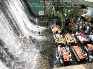 Philippines : Labassin Waterfall Restaurant 
Ce restaurant aux Philippines propose à ses clients de manger les pieds 
dans l'eau. Une cascade artificielle a été construite pour l'occasion. 
 