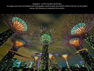 Singapour : Le Parc Gardens by the Bay 
Un espace vert avec une biodiversité remarquable, construit pour plus de 625 millions d’euros. Ce parc géant 
mesure 101 hectares et comprend trois jardins. 
 