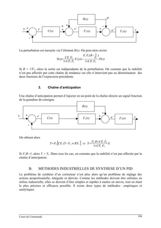 u
-
+ yC(s) F1(s) F2(s)
+
R(s)
+ -
P
+ u’’e’eyr
La perturbation est mesurée via l’élément R(s). On peut alors écrire
)(
1
)1(
)(
1
)(
21
1
21
21
21
sP
FCF
F
RFF
sY
FCF
FCFsY r
+
−
+
+
=
Si R = 1/F1, alors la sortie est indépendante de la perturbation. On constate que la stabilité
n’est pas affectée par cette chaîne de tendance car elle n’intervient pas au dénominateur des
deux fractions de l’expression précédente.
3. Chaîne d’anticipation
Une chaîne d’anticipation permet d’injecter en un point de la chaîne directe un signal fonction
de la grandeur de consigne.
-
yC(s) F1(s) F2(s)
+ u’’
+ e
+
R(s)
yr
On obtient alors
[ ] rrr Y
FCF
FCFRF
YRY)Y(YCFFY
21
212
12
1+
+
=⇒+−=
Si F2R=1, alors Y = Yr. Dans tous les cas, on constate que la stabilité n’est pas affectée par la
chaîne d’anticipation.
B. METHODES INDUSTRIELLES DE SYNTHESE D’UN PID
Le problème de synthèse d’un correcteur n’est plus alors qu’un problème de réglage des
actions proportionnelle, intégrale et dérivée. Comme les méthodes doivent être utilisées en
milieu industrielle, elles se doivent d’être simples et rapides à mettre en œuvre, tout en étant
le plus précises et efficaces possible. Il existe deux types de méthodes : empiriques et
analytiques.
Cours de Commande 104
 
