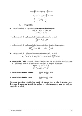 F s u v dt u v u v dt
s
e t
s
e d
s s
e
s
s t s t
s t
( ) ' [ ] '
[ ]
[ ]
= ⋅ ⋅ = ⋅ − ⋅ ⋅
= − ⋅ ⋅ + ⋅ ⋅
= ⋅ − ⋅ =
t
∞
∞
∞
− ⋅ ∞ − ⋅
∞
− ⋅ ∞
∫ ∫
∫
0
0
0
0
0
0 2
1 1
1 1 1
2. Propriétés
• La Transformation de Laplace est une transformation linéaire :
L[ ( ) ( )] ( ) ( )f t f t F s F s1 2 1 2+ = +
L[ ( )] ( )a f t a F s⋅ = ⋅
• La Transformée de Laplace de la dérivée d'une fonction f(t) est égale à :
L[ ] ( ) ( )
df
dt
s F s f= ⋅ − 0
• La Transformée de Laplace de la dérivée seconde d'une fonction f(t) est égale à :
L[ ] ( ) ( ) ( )
d f
dt
s F s s f
df
dt
2
2
2
0 0= ⋅ − ⋅ −
• La Transformée de Laplace de l'intégrale d'une fonction f(t) est égale à :
L[ ( ) ] ( ) ( ) ( )f t dt G s
s
F s
s
g⋅ = = ⋅ + ⋅∫
1 1
0 , avec
dg t
dt
f t
( )
( )=
• Théorème du retard. Soit une fonction f(t) nulle pour t<0 et admettant une transformée
de Laplace F(s). Alors, si on retarde cette fonction d'un temps T, on obtient :
L[ ( )] ( )f t T e F ss T
− = ⋅− ⋅
L− − ⋅
+ = ⋅1
[ ( )] ( )F s a e f ta t
• Théorème de la valeur initiale. lim ( ) lim ( )
t s
f t s F s
→ →∞+
= ⋅
0
• Théorème de la valeur finale. lim ( ) lim ( )
t s
f t s F s
→∞ →
= ⋅
0
Ce dernier théorème est utilisé de manière fréquente dans la suite de ce cours pour
déterminer la valeur de la sortie du système en régime permanent (une fois le régime
transitoire terminé).
Cours de Commande 10
 