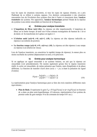 tous les types de situations rencontrés, ni tous les types de signaux d'entrée, on a pris
l'habitude de se référer à certains signaux. Ces derniers correspondent à des situations
rencontrées lors de l'évolution d'un système d'un état à l'autre et concernent donc l'analyse
transitoire du système. Par opposition, l'analyse harmonique permet l'étude de la réponse
du système à une entrée sinusoïdale en fonction de la fréquence.
a) Entrées pour analyse transitoire
• L'impulsion de Dirac (u(t)=δ(t)). La réponse est dite impulsionnelle. L’impulsion de
Dirac est la limite lorsque ∆t tend vers 0 d'un créneau rectangulaire de hauteur de 1/∆t et
de durée ∆t. Sa transformée de Laplace est égale à 1.
• L'échelon unité (u(t)=0, t<0, u(t)=1, t≥0). La réponse est dite réponse indicielle ou
réponse à un échelon de position.
• La fonction rampe (u(t)=0, t<0 ; u(t)=a.t, t≥0). La réponse est dite réponse à une rampe
ou réponse à un échelon de vitesse.
Lors de l'analyse transitoire, on caractérise la rapidité (temps de réponse), la nature plus ou
moins oscillante du système (dépassement ou non), et la précision.
b) Entrée pour analyse harmonique
Si on applique un signal sinusoïdal à un système linéaire, on sait que la réponse est
sinusoïdale (voir précédemment). On montre également qu'une fois le régime transitoire
établi, la sortie est sinusoïdale, de même pulsation que l'entrée, mais d'amplitude et de phase
différente. La fonction de transfert s'écrit alors (avec s = jω, ω étant la pulsation du signal
d’entrée)
01
01
)()(
)()(
)(
ajaja
bjbjb
jF nn
mm
+⋅++⋅
+⋅++⋅
=⋅
ωω
ωω
ω (16)
La représentation pour l'analyse harmonique peut se faire des trois manières différentes mais
équivalentes :
• Plan de Bode. Il représente le gain FdB=20 log[|F(jω)|] et φ=Arg[F(jω)] en fonction
de ω dans un plan semi-logarithmique. (Ci-dessous, représentation d’un système du
premier ordre de gain statique 10 et de constante de temps 0.01 sec.).
Cours de Commande 13
 