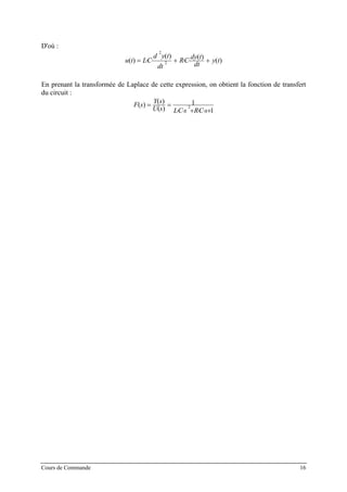 D'où :
)(
)()(
)( 2
2
ty
dt
tdy
CR
dt
tyd
CLtu +⋅⋅+⋅⋅=
En prenant la transformée de Laplace de cette expression, on obtient la fonction de transfert
du circuit :
1
1
)(
)(
)( 2
+⋅⋅+⋅⋅
==
sCRsCLsU
sY
sF
Cours de Commande 16
 