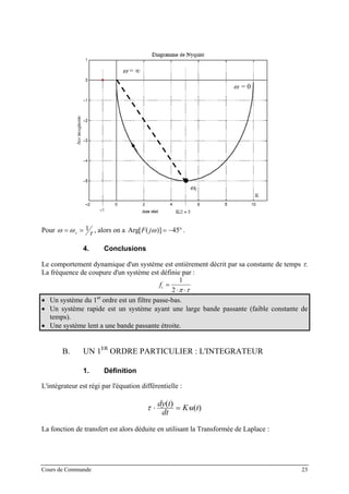 ω = ∞
ω = 0
ωc
Pour ω ω τ= =c
1 , alors on a Arg[ ( )]F jω = − °45 .
4. Conclusions
Le comportement dynamique d'un système est entièrement décrit par sa constante de temps τ.
La fréquence de coupure d'un système est définie par :
fc =
⋅ ⋅
1
2 π τ
• Un système du 1er
ordre est un filtre passe-bas.
• Un système rapide est un système ayant une large bande passante (faible constante de
temps).
• Une système lent a une bande passante étroite.
B. UN 1ER
ORDRE PARTICULIER : L'INTEGRATEUR
1. Définition
L'intégrateur est régi par l'équation différentielle :
)(
)(
tuK
dt
tdy
⋅=⋅τ
La fonction de transfert est alors déduite en utilisant la Transformée de Laplace :
Cours de Commande 23
 
