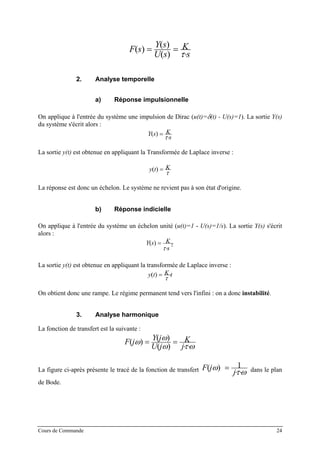 s
K
sU
sY
sF
⋅
==
τ)(
)(
)(
2. Analyse temporelle
a) Réponse impulsionnelle
On applique à l'entrée du système une impulsion de Dirac (u(t)=δ(t) - U(s)=1). La sortie Y(s)
du système s'écrit alors :
s
KsY
⋅
=
τ
)(
La sortie y(t) est obtenue en appliquant la Transformée de Laplace inverse :
τ
Kty =)(
La réponse est donc un échelon. Le système ne revient pas à son état d'origine.
b) Réponse indicielle
On applique à l'entrée du système un échelon unité (u(t)=1 - U(s)=1/s). La sortie Y(s) s'écrit
alors :
2)(
s
KsY
⋅
=
τ
La sortie y(t) est obtenue en appliquant la transformée de Laplace inverse :
tKty ⋅=
τ
)(
On obtient donc une rampe. Le régime permanent tend vers l'infini : on a donc instabilité.
3. Analyse harmonique
La fonction de transfert est la suivante :
ωτω
ωω
⋅⋅
==
j
K
jU
jY
jF
)(
)(
)(
La figure ci-après présente le tracé de la fonction de transfert ωτ
ω
⋅⋅
=
j
jF 1)( dans le plan
de Bode.
Cours de Commande 24
 