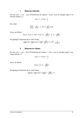 1. Réponse indicielle
On note ep(t) = yc(t) – Ay(t) (Transformée de Laplace = Ep(s)) avec la consigne égale à un
échelon unitaire, i.e.
s
sYty cc
1)(1)( =→=
On a donc :
)(
'1
')(
'1
'
)(
)(
sY
s
KsY
s
K
sY
sY
c
c
⋅
⋅+
=⇒
⋅+
=
ττ
Aussi, on obtient :
)
'1
'1(1)
'1
'1()()()(
s
AK
ss
AK(s)YsYAsYsE ccp
⋅+
−⋅=
⋅+
−⋅=⋅−=
ττ
On applique le théorème de la valeur finale :
AK
AK
s
AKseste s
p
s
p
t ⋅+
=−=
⋅+
−=⋅= →→∞→ 1
1'1)
'1
'1(lim)]([lim)]([lim 00 τ
2. Réponse en vitesse
On note et(t) = yc(t) – Ay(t) (Transformée de Laplace = Et(s)) avec la consigne égale à une
rampe unitaire, i.e.
2
1)()(
s
sYtty cc =→=
Aussi, on obtient :
)
'1
'1(1)( 2 s
AK
s
sEt
⋅+
−⋅=
τ
On applique le théorème de la valeur finale :
∞=
⋅+
−=⋅= →→∞→
)
'1
'1(1lim)(lim)(lim 00 s
AK
s
sEste s
t
s
t
t τ
Cours de Commande 26
 
