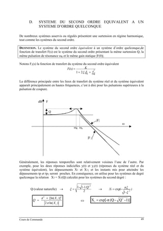 D. SYSTEME DU SECOND ORDRE EQUIVALENT A UN
SYSTEME D’ORDRE QUELCONQUE
De nombreux systèmes asservis ou régulés présentent une surtension en régime harmonique,
tout comme les systèmes du second ordre.
DEFINITION. Le système du second ordre équivalent à un système d’ordre quelconque,de
fonction de transfert F(s) est le système du second ordre présentant la même surtension Q, la
même pulsation de résonance ωR et le même gain statique |F(0)|.
Notons F2(s) la fonction de transfert du système du second ordre équivalent
2
2
21
2
nn ω
s
ω
s
K(s)F
++
=
ξ
La différence principale entre les lieux de transfert du système réel et du système équivalent
apparaît principalement en hautes fréquences, c’est à dire pour les pulsations supérieures à la
pulsation de coupure.
ω
ωR ωn
Q
dB F
|F|
|F 2|
Généralement, les réponses temporelles sont relativement voisines l’une de l’autre. Par
exemple, pour les deux réponses indicielles y(t) et y2(t) (réponses du système réel et du
système équivalent), les dépassements X1 et X12 et les instants mis pour atteindre les
dépassements tp et tp2 seront proches. En conséquence, on utilise pour les systèmes de degré
quelconque la relation X1 = X1(Q) calculée pour les systèmes du second degré :
Q (valeur naturelle) →
2
111
2
/Q--
=ξ → )
-
π
(-X 2
1
1
exp
ξ
ξ=
2 2
1
1
[ln( )]
2 ln( )
π X
Q
π X
+
= ⇔ )]1-Q-(Qexp[-πX 2
1 =
Cours de Commande 49
 