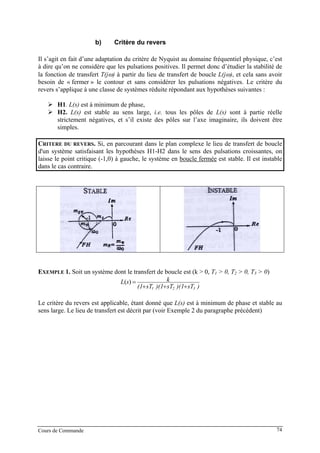 b) Critère du revers
Il s’agit en fait d’une adaptation du critère de Nyquist au domaine fréquentiel physique, c’est
à dire qu’on ne considère que les pulsations positives. Il permet donc d’étudier la stabilité de
la fonction de transfert T(jω) à partir du lieu de transfert de boucle L(jω), et cela sans avoir
besoin de « fermer » le contour et sans considérer les pulsations négatives. Le critère du
revers s’applique à une classe de systèmes réduite répondant aux hypothèses suivantes :
H1. L(s) est à minimum de phase,
H2. L(s) est stable au sens large, i.e. tous les pôles de L(s) sont à partie réelle
strictement négatives, et s’il existe des pôles sur l’axe imaginaire, ils doivent être
simples.
CRITERE DU REVERS. Si, en parcourant dans le plan complexe le lieu de transfert de boucle
d'un système satisfaisant les hypothèses H1-H2 dans le sens des pulsations croissantes, on
laisse le point critique (-1,0) à gauche, le système en boucle fermée est stable. Il est instable
dans le cas contraire.
EXEMPLE 1. Soit un système dont le transfert de boucle est (k > 0, T1 > 0, T2 > 0, T3 > 0)
)sT)(1sT)(1sT(1
ksL
321 +++
=)(
Le critère du revers est applicable, étant donné que L(s) est à minimum de phase et stable au
sens large. Le lieu de transfert est décrit par (voir Exemple 2 du paragraphe précédent)
Cours de Commande 74
 
