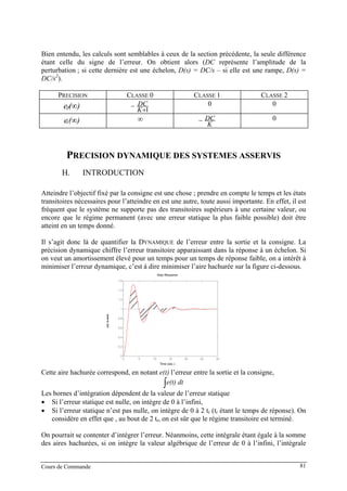 Bien entendu, les calculs sont semblables à ceux de la section précédente, la seule différence
étant celle du signe de l’erreur. On obtient alors (DC représente l’amplitude de la
perturbation ; si cette dernière est une échelon, D(s) = DC/s – si elle est une rampe, D(s) =
DC/s2
).
PRECISION CLASSE 0 CLASSE 1 CLASSE 2
)(ep ∞ 1+
−
K
DC 0 0
)(et ∞ ∞
K
DC− 0
PRECISION DYNAMIQUE DES SYSTEMES ASSERVIS
H. INTRODUCTION
Atteindre l’objectif fixé par la consigne est une chose ; prendre en compte le temps et les états
transitoires nécessaires pour l’atteindre en est une autre, toute aussi importante. En effet, il est
fréquent que le système ne supporte pas des transitoires supérieurs à une certaine valeur, ou
encore que le régime permanent (avec une erreur statique la plus faible possible) doit être
atteint en un temps donné.
Il s’agit donc là de quantifier la DYNAMIQUE de l’erreur entre la sortie et la consigne. La
précision dynamique chiffre l’erreur transitoire apparaissant dans la réponse à un échelon. Si
on veut un amortissement élevé pour un temps pour un temps de réponse faible, on a intérêt à
minimiser l’erreur dynamique, c’est à dire minimiser l’aire hachurée sur la figure ci-dessous.
Cette aire hachurée correspond, en notant e(t) l’erreur entre la sortie et la consigne,
Time (sec.)
A
m
plitu
d
e
Step Response
0 5 10 15 20 25 30
0
0.2
0.4
0.6
0.8
1
1.2
1.4
1.6
∫e(t) dt
Les bornes d’intégration dépendent de la valeur de l’erreur statique
• Si l’erreur statique est nulle, on intègre de 0 à l’infini,
• Si l’erreur statique n’est pas nulle, on intègre de 0 à 2 tr (tr étant le temps de réponse). On
considère en effet que , au bout de 2 tr, on est sûr que le régime transitoire est terminé.
On pourrait se contenter d’intégrer l’erreur. Néanmoins, cette intégrale étant égale à la somme
des aires hachurées, si on intègre la valeur algébrique de l’erreur de 0 à l’infini, l’intégrale
Cours de Commande 81
 