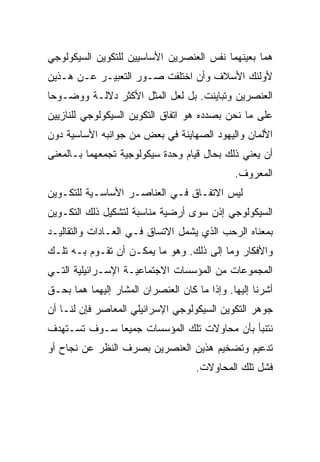 ‫ﻫﻤﺎ ﺒﻌﻴﻨﻬﻤﺎ ﻨﻔﺱ ﺍﻟﻌﻨﺼﺭﻴﻥ ﺍﻷﺴﺎﺴﻴﻴﻥ ﻟﻠﺘﻜﻭﻴﻥ ﺍﻟﺴﻴﻜﻭﻟﻭﺠﻲ‬
‫ﻷﻭﻟﺌﻙ ﺍﻷﺴﻼﻑ ﻭﺃﻥ ﺍﺨﺘﻠﻔﺕ ﺼـﻭﺭ ﺍﻟﺘﻌﺒﻴـﺭ ﻋـﻥ ﻫـﺫﻴﻥ‬
‫ﺍﻟﻌﻨﺼﺭﻴﻥ ﻭﺘﺒﺎﻴﻨﺕ. ﺒل ﻟﻌل ﺍﻟﻤﺜل ﺍﻷﻜﺜﺭ ﺩﻻﻟـﺔ ﻭﻭﻀـﻭﺤﺎ‬
 ‫‪‬‬
‫ﻋﻠﻰ ﻤﺎ ﻨﺤﻥ ﺒﺼﺩﺩﻩ ﻫﻭ ﺍﺘﻔﺎﻕ ﺍﻟﺘﻜﻭﻴﻥ ﺍﻟﺴﻴﻜﻭﻟﻭﺠﻲ ﻟﻠﻨﺎﺯﻴﻴﻥ‬
‫ﺍﻷﻟﻤﺎﻥ ﻭﺍﻟﻴﻬﻭﺩ ﺍﻟﺼﻬﺎﻴﻨﺔ ﻓﻲ ﺒﻌﺽ ﻤﻥ ﺠﻭﺍﻨﺒﻪ ﺍﻷﺴﺎﺴﻴﺔ ﺩﻭﻥ‬
‫ﺃﻥ ﻴﻌﻨﻲ ﺫﻟﻙ ﺒﺤﺎل ﻗﻴﺎﻡ ﻭﺤﺩﺓ ﺴﻴﻜﻭﻟﻭﺠﻴﺔ ﺘﺠﻤﻌﻬﻤﺎ ﺒـﺎﻟﻤﻌﻨﻰ‬
                                              ‫ﺍﻟﻤﻌﺭﻭﻑ.‬
‫ﻟﻴﺱ ﺍﻻﺘﻔـﺎﻕ ﻓـﻲ ﺍﻟﻌﻨﺎﺼـﺭ ﺍﻷﺴﺎﺴـﻴﺔ ﻟﻠﺘﻜـﻭﻴﻥ‬
‫ﺍﻟﺴﻴﻜﻭﻟﻭﺠﻲ ﺇﺫﻥ ﺴﻭﻯ ﺃﺭﻀﻴﺔ ﻤﻨﺎﺴﺒﺔ ﻟﺘﺸﻜﻴل ﺫﻟﻙ ﺍﻟﺘﻜـﻭﻴﻥ‬
‫ﺒﻤﻌﻨﺎﻩ ﺍﻟﺭﺤﺏ ﺍﻟﺫﻱ ﻴﺸﻤل ﺍﻻﺘﺴﺎﻕ ﻓـﻲ ﺍﻟﻌـﺎﺩﺍﺕ ﻭﺍﻟﺘﻘﺎﻟﻴـﺩ‬
‫ﻭﺍﻷﻓﻜﺎﺭ ﻭﻤﺎ ﺇﻟﻰ ﺫﻟﻙ. ﻭﻫﻭ ﻤﺎ ﻴﻤﻜـﻥ ﺃﻥ ﺘﻘـﻭﻡ ﺒـﻪ ﺘﻠـﻙ‬
‫ﺍﻟﻤﺠﻤﻭﻋﺎﺕ ﻤﻥ ﺍﻟﻤﺅﺴﺴﺎﺕ ﺍﻻﺠﺘﻤﺎﻋﻴـﺔ ﺍﻹﺴـﺭﺍﺌﻴﻠﻴﺔ ﺍﻟﺘـﻲ‬
‫ﺃﺸﺭﻨﺎ ﺇﻟﻴﻬﺎ. ﻭﺇﺫﺍ ﻤﺎ ﻜﺎﻥ ﺍﻟﻌﻨﺼﺭﺍﻥ ﺍﻟﻤﺸﺎﺭ ﺇﻟﻴﻬﻤﺎ ﻫﻤﺎ ﺒﺤـﻕ‬
‫ﺠﻭﻫﺭ ﺍﻟﺘﻜﻭﻴﻥ ﺍﻟﺴﻴﻜﻭﻟﻭﺠﻲ ﺍﻹﺴﺭﺍﺌﻴﻠﻲ ﺍﻟﻤﻌﺎﺼﺭ ﻓﺈﻥ ﻟﻨـﺎ ﺃﻥ‬
‫ﻨﺘﻨﺒﺄ ﺒﺄﻥ ﻤﺤﺎﻭﻻﺕ ﺘﻠﻙ ﺍﻟﻤﺅﺴﺴﺎﺕ ﺠﻤﻴﻌﺎ ﺴـﻭﻑ ﺘﺴـﺘﻬﺩﻑ‬
              ‫‪‬‬
‫ﺘﺩﻋﻴﻡ ﻭﺘﻀﺨﻴﻡ ﻫﺫﻴﻥ ﺍﻟﻌﻨﺼﺭﻴﻥ ﺒﺼﺭﻑ ﺍﻟﻨﻅﺭ ﻋﻥ ﻨﺠﺎﺡ ﺃﻭ‬
                                    ‫ﻓﺸل ﺘﻠﻙ ﺍﻟﻤﺤﺎﻭﻻﺕ.‬
 