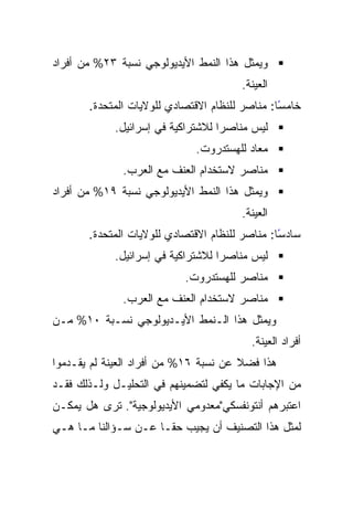 ‫ﻭﻴﻤﺜل ﻫﺫﺍ ﺍﻟﻨﻤﻁ ﺍﻷﻴﺩﻴﻭﻟﻭﺠﻲ ﻨﺴﺒﺔ ٣٢% ﻤﻥ ﺃﻓﺭﺍﺩ‬
                                       ‫ﺍﻟﻌﻴﻨﺔ.‬
       ‫ﺨﺎﻤﺴﺎ: ﻤﻨﺎﺼﺭ ﻟﻠﻨﻅﺎﻡ ﺍﻻﻗﺘﺼﺎﺩﻱ ﻟﻠﻭﻻﻴﺎﺕ ﺍﻟﻤﺘﺤﺩﺓ.‬
                                                ‫ً‬
            ‫ﻟﻴﺱ ﻤﻨﺎﺼﺭﺍ ﻟﻼﺸﺘﺭﺍﻜﻴﺔ ﻓﻲ ﺇﺴﺭﺍﺌﻴل.‬
                                   ‫‪‬‬
                             ‫ﻤﻌﺎﺩ ﻟﻠﻬﺴﺘﺩﺭﻭﺕ.‬
              ‫ﻤﻨﺎﺼﺭ ﻻﺴﺘﺨﺩﺍﻡ ﺍﻟﻌﻨﻑ ﻤﻊ ﺍﻟﻌﺭﺏ.‬
‫ﻭﻴﻤﺜل ﻫﺫﺍ ﺍﻟﻨﻤﻁ ﺍﻷﻴﺩﻴﻭﻟﻭﺠﻲ ﻨﺴﺒﺔ ٩١% ﻤﻥ ﺃﻓﺭﺍﺩ‬
                                       ‫ﺍﻟﻌﻴﻨﺔ.‬
       ‫ﺴﺎﺩﺴﺎ: ﻤﻨﺎﺼﺭ ﻟﻠﻨﻅﺎﻡ ﺍﻻﻗﺘﺼﺎﺩﻱ ﻟﻠﻭﻻﻴﺎﺕ ﺍﻟﻤﺘﺤﺩﺓ.‬
                                                ‫ً‬
            ‫ﻟﻴﺱ ﻤﻨﺎﺼﺭﺍ ﻟﻼﺸﺘﺭﺍﻜﻴﺔ ﻓﻲ ﺇﺴﺭﺍﺌﻴل.‬
                                   ‫‪‬‬
                           ‫ﻤﻨﺎﺼﺭ ﻟﻠﻬﺴﺘﺩﺭﻭﺕ.‬
              ‫ﻤﻨﺎﺼﺭ ﻻﺴﺘﺨﺩﺍﻡ ﺍﻟﻌﻨﻑ ﻤﻊ ﺍﻟﻌﺭﺏ.‬
‫ﻭﻴﻤﺜل ﻫﺫﺍ ﺍﻟـﻨﻤﻁ ﺍﻷﻴـﺩﻴﻭﻟﻭﺠﻲ ﻨﺴـﺒﺔ ٠١% ﻤـﻥ‬
                                         ‫ﺃﻓﺭﺍﺩ ﺍﻟﻌﻴﻨﺔ.‬
‫ﻫﺫﺍ ﻓﻀﻼ ﻋﻥ ﻨﺴﺒﺔ ٦١% ﻤﻥ ﺃﻓﺭﺍﺩ ﺍﻟﻌﻴﻨﺔ ﻟﻡ ﻴﻘـﺩﻤﻭﺍ‬
                                       ‫ﹰ‬
‫ﻤﻥ ﺍﻹﺠﺎﺒﺎﺕ ﻤﺎ ﻴﻜﻔﻲ ﻟﺘﻀﻤﻴﻨﻬﻡ ﻓﻲ ﺍﻟﺘﺤﻠﻴـل ﻭﻟـﺫﻟﻙ ﻓﻘـﺩ‬
‫ﺍﻋﺘﺒﺭﻫﻡ ﺃﻨﺘﻭﻨﻔﺴﻜﻲ"ﻤﻌﺩﻭﻤﻲ ﺍﻷﻴﺩﻴﻭﻟﻭﺠﻴﺔ". ﺘﺭﻯ ﻫل ﻴﻤﻜـﻥ‬
‫ﻟﻤﺜل ﻫﺫﺍ ﺍﻟﺘﺼﻨﻴﻑ ﺃﻥ ﻴﺠﻴﺏ ﺤ ﹰﹰـﺎ ﻋـﻥ ﺴـﺅﺍﻟﻨﺎ ﻤـﺎ ﻫـﻲ‬
                      ‫ﻘ‬
 