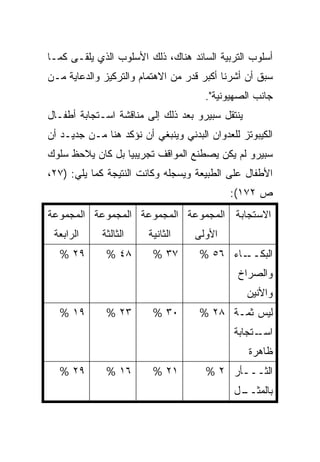 ‫ﺃﺴﻠﻭﺏ ﺍﻟﺘﺭﺒﻴﺔ ﺍﻟﺴﺎﺌﺩ ﻫﻨﺎﻙ، ﺫﻟﻙ ﺍﻷﺴﻠﻭﺏ ﺍﻟﺫﻱ ﻴﻠﻘـﻰ ﻜﻤـﺎ‬
‫ﺴﺒﻕ ﺃﻥ ﺃﺸﺭﻨﺎ ﺃﻜﺒﺭ ﻗﺩﺭ ﻤﻥ ﺍﻻﻫﺘﻤﺎﻡ ﻭﺍﻟﺘﺭﻜﻴﺯ ﻭﺍﻟﺩﻋﺎﻴﺔ ﻤـﻥ‬
                                      ‫ﺠﺎﻨﺏ ﺍﻟﺼﻬﻴﻭﻨﻴﺔ".‬
‫ﻴﻨﺘﻘل ﺴﺒﻴﺭﻭ ﺒﻌﺩ ﺫﻟﻙ ﺇﻟﻰ ﻤﻨﺎﻗﺸﺔ ﺍﺴـﺘﺠﺎﺒﺔ ﺃﻁﻔـﺎل‬
‫ﺍﻟﻜﻴﺒﻭﺘﺯ ﻟﻠﻌﺩﻭﺍﻥ ﺍﻟﺒﺩﻨﻲ ﻭﻴﻨﺒﻐﻲ ﺃﻥ ﻨﺅﻜﺩ ﻫﻨﺎ ﻤـﻥ ﺠﺩﻴـﺩ ﺃﻥ‬
‫ﺴﺒﻴﺭﻭ ﻟﻡ ﻴﻜﻥ ﻴﺼﻁﻨﻊ ﺍﻟﻤﻭﺍﻗﻑ ﺘﺠﺭﻴﺒﻴﺎ ﺒل ﻜﺎﻥ ﻴﻼﺤﻅ ﺴﻠﻭﻙ‬
                  ‫‪‬‬
‫ﺍﻷﻁﻔﺎل ﻋﻠﻰ ﺍﻟﻁﺒﻴﻌﺔ ﻭﻴﺴﺠﻠﻪ ﻭﻜﺎﻨﺕ ﺍﻟﻨﺘﻴﺠﺔ ﻜﻤﺎ ﻴﻠﻲ: )٧٢،‬
                                            ‫ﺹ ٢٧١(:‬
‫ﺍﻻﺴﺘﺠﺎﺒﺔ ﺍﻟﻤﺠﻤﻭﻋﺔ ﺍﻟﻤﺠﻤﻭﻋﺔ ﺍﻟﻤﺠﻤﻭﻋﺔ ﺍﻟﻤﺠﻤﻭﻋﺔ‬
 ‫ﺍﻟﺭﺍﺒﻌﺔ‬     ‫ﺍﻟﺜﺎﻟﺜﺔ‬    ‫ﺍﻟﺜﺎﻨﻴﺔ‬    ‫ﺍﻷﻭﻟﻰ‬
  ‫٩٢ %‬        ‫٨٤ %‬       ‫٧٣ %‬        ‫ـﺎﺀ ٦٥ %‬‫ﺍﻟﺒﻜــ‬
                                              ‫ﻭﺍﻟﺼﺭﺍﺥ‬
                                                 ‫ﻭﺍﻷﻨﻴﻥ‬
  ‫٩١ %‬        ‫٣٢ %‬       ‫٠٣ %‬        ‫ﻟﻴﺱ ﺜﻤـﺔ ٨٢ %‬
                                             ‫ـﺘﺠﺎﺒﺔ‬
                                                  ‫ﺍﺴـ‬
                                                 ‫ﻅﺎﻫﺭﺓ‬
  ‫٩٢ %‬        ‫٦١ %‬       ‫١٢ %‬         ‫ﺍﻟﺜـــﺄﺭ ٢ %‬
                                            ‫ـ‬
                                             ‫ـل‬
                                              ‫ﺒﺎﻟﻤﺜــ‬
 