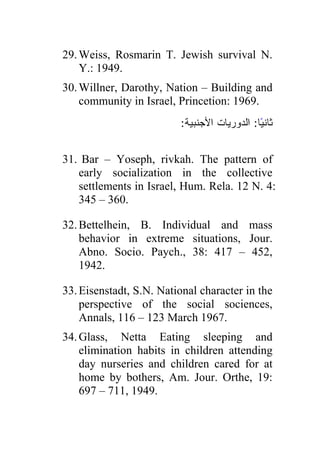 29. Weiss, Rosmarin T. Jewish survival N.
    Y.: 1949.
30. Willner, Darothy, Nation – Building and
    community in Israel, Princetion: 1969.
                         :‫ﺜﺎﻨﻴﺎ: ﺍﻟﺩﻭﺭﻴﺎﺕ ﺍﻷﺠﻨﺒﻴﺔ‬
                                             ً


31. Bar – Yoseph, rivkah. The pattern of
   early socialization in the collective
   settlements in Israel, Hum. Rela. 12 N. 4:
   345 – 360.

32. Bettelhein, B. Individual and mass
    behavior in extreme situations, Jour.
    Abno. Socio. Paych., 38: 417 – 452,
    1942.

33. Eisenstadt, S.N. National character in the
    perspective of the social sociences,
    Annals, 116 – 123 March 1967.
34. Glass, Netta Eating sleeping and
    elimination habits in children attending
    day nurseries and children cared for at
    home by bothers, Am. Jour. Orthe, 19:
    697 – 711, 1949.
 