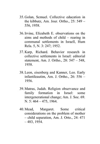 35. Golan, Scmuel. Collective education in
    the kibbutz, Am. Jour. Ortho., 25: 549 –
    556, 1958.

36. Irvine, Elizabeth E. observations on the
    aims and methods of child – rearing in
    communal settlements in Israell, Hum
    Rela. 5, N. 3: 247; 1952.
37. Karp, Richard. Behavior research in
    collective settlements in Israel: editorial
    statement, Am. J. Ortho., 28: 547 – 548,
    1958.

38. Leon, eisenberg and Kanner, Leo. Early
    infantileautim, Am. J. Ortho., 26: 556 –
    1956.

39. Matras, Judah. Religion observance and
    family formation in Israel: some
    intergenerational change; Am. J. Soc. 69.
    N. 5: 464 – 475, 1964.

40. Mead,      Margaret.    Some       critical
    considerations on the problem of mother
    – child separation, Am. J. Orto., 24: 471
    – 483, 1954.
 
