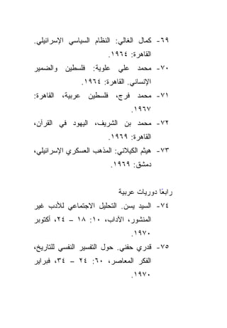 ‫٩٦- ﻜﻤﺎل ﺍﻟﻐﺎﻟﻲ: ﺍﻟﻨﻅﺎﻡ ﺍﻟﺴﻴﺎﺴﻲ ﺍﻹﺴﺭﺍﺌﻴﻠﻲ.‬
                       ‫ﺍﻟﻘﺎﻫﺭﺓ: ٤٦٩١.‬
‫٠٧- ﻤﺤﻤﺩ ﻋﻠﻲ ﻋﻠﻭﻴﺔ: ﻓﻠﺴﻁﻴﻥ ﻭﺍﻟﻀﻤﻴﺭ‬
               ‫ﺍﻹﻨﺴﺎﻨﻲ. ﺍﻟﻘﺎﻫﺭﺓ: ٤٦٩١.‬
‫١٧- ﻤﺤﻤﺩ ﻓﺭﺝ، ﻓﻠﺴﻁﻴﻥ ﻋﺭﺒﻴﺔ، ﺍﻟﻘﺎﻫﺭﺓ:‬
                               ‫٧٦٩١.‬
‫٢٧- ﻤﺤﻤﺩ ﺒﻥ ﺍﻟﺸﺭﻴﻑ، ﺍﻟﻴﻬﻭﺩ ﻓﻲ ﺍﻟﻘﺭﺁﻥ،‬
                       ‫ﺍﻟﻘﺎﻫﺭﺓ: ٩٦٩١.‬
‫٣٧- ﻫﻴﺜﻡ ﺍﻟﻜﻴﻼﻨﻲ: ﺍﻟﻤﺫﻫﺏ ﺍﻟﻌﺴﻜﺭﻱ ﺍﻹﺴﺭﺍﺌﻴﻠﻲ،‬
                        ‫ﺩﻤﺸﻕ: ٩٦٩١.‬


                           ‫ﺭﺍﺒﻌﺎ ﺩﻭﺭﻴﺎﺕ ﻋﺭﺒﻴﺔ‬
                                         ‫ً‬
‫٤٧- ﺍﻟﺴﻴﺩ ﻴﺴﻥ. ﺍﻟﺘﺤﻠﻴل ﺍﻻﺠﺘﻤﺎﻋﻲ ﻟﻸﺩﺏ ﻏﻴﺭ‬
‫ﺍﻟﻤﻨﺸﻭﺭ، ﺍﻵﺩﺍﺏ، ٠١: ٨١ – ٤٢، ﺃﻜﺘﻭﺒﺭ‬
                               ‫٠٧٩١.‬
‫٥٧- ﻗﺩﺭﻱ ﺤﻔﻨﻲ. ﺤﻭل ﺍﻟﺘﻔﺴﻴﺭ ﺍﻟﻨﻔﺴﻲ ﻟﻠﺘﺎﺭﻴﺦ،‬
‫ﺍﻟﻔﻜﺭ ﺍﻟﻤﻌﺎﺼﺭ، ٠٦: ٤٢ – ٤٣، ﻓﺒﺭﺍﻴﺭ‬
                               ‫٠٧٩١.‬
 