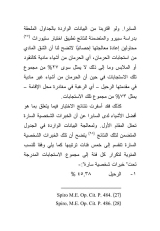 ‫ﺍﻟﺴﺎﺒﺭﺍ. ﻭﻟﻭ ﺍﻗﺘﺭﺒﻨﺎ ﻤﻥ ﺍﻟﺒﻴﺎﻨﺎﺕ ﺍﻟﻭﺍﺭﺩﺓ ﺒﺎﻟﺠﺩﺍﻭل ﺍﻟﻤﻠﺤﻘﺔ‬
‫)٧٢(‬
       ‫ﺒﺩﺭﺍﺴﺔ ﺴﺒﻴﺭﻭ ﻭﺍﻟﻤﺘﻀﻤﻨﺔ ﻟﻨﺘﺎﺌﺞ ﺘﻁﺒﻴﻕ ﺍﺨﺘﺒﺎﺭ ﺴﺘﻴﻭﺭﺍﺙ‬
‫ًﺎ ﻻﺘﻀﺢ ﻟﻨﺎ ﺃﻥ ﺍﻟﺸﻕ ﺍﻟﻤﺎﺩﻱ‬
                         ‫ﻤﺤﺎﻭﻟﻴﻥ ﺇﻋﺎﺩﺓ ﻤﻌﺎﻟﺠﺘﻬﺎ ﺇﺤﺼﺎﺌﻴ‬
‫ﻤﻥ ﺍﺴﺘﺠﺎﺒﺎﺕ ﺍﻟﺤﺭﻤﺎﻥ، ﺃﻱ ﺍﻟﺤﺭﻤﺎﻥ ﻤﻥ ﺃﺸﻴﺎﺀ ﻤﺎﺩﻴﺔ ﻜﺎﻟﻨﻘﻭﺩ‬
‫ﺃﻭ ﺍﻟﻤﻼﺒﺱ ﻭﻤﺎ ﺇﻟﻰ ﺫﻟﻙ ﻻ ﻴﻤﺜل ﺴﻭﻯ ٧٢% ﻤﻥ ﻤﺠﻤﻭﻉ‬
‫ﺘﻠﻙ ﺍﻻﺴﺘﺠﺎﺒﺎﺕ ﻓﻲ ﺤﻴﻥ ﺃﻥ ﺍﻟﺤﺭﻤﺎﻥ ﻤﻥ ﺃﺸﻴﺎﺀ ﻏﻴﺭ ﻤﺎﺩﻴﺔ‬
‫ﻓﻲ ﻤﻘﺩﻤﺘﻬﺎ ﺍﻟﺭﺤﻴل – ﺃﻱ ﺍﻟﺭﻏﺒﺔ ﻓﻲ ﻤﻐﺎﺩﺭﺓ ﻤﺤل ﺍﻹﻗﺎﻤﺔ –‬
                    ‫ﻴﻤﺜل ٣٧% ﻤﻥ ﻤﺠﻤﻭﻉ ﺘﻠﻙ ﺍﻻﺴﺘﺠﺎﺒﺎﺕ.‬
‫ﻜﺫﻟﻙ ﻓﻘﺩ ﺃﺴﻔﺭﺕ ﻨﺘﻨﺎﺌﺞ ﺍﻻﺨﺘﺒﺎﺭ ﻓﻴﻤﺎ ﻴﺘﻌﻠﻕ ﺒﻤﺎ ﻫﻭ‬
‫ﺃﻓﻀل ﺍﻷﺸﻴﺎﺀ ﻟﺩﻯ ﺍﻟﺴﺎﺒﺭﺍ ﻋﻥ ﺃﻥ ﺍﻟﺨﺒﺭﺍﺕ ﺍﻟﺸﺨﺼﻴﺔ ﺍﻟﺴﺎﺭﺓ‬
‫ﺘﺤﺘل ﺍﻟﻤﻘﺎﻡ ﺍﻷﻭل. ﻭﻟﻤﻌﺎﻟﺠﺔ ﺍﻟﺒﻴﺎﻨﺎﺕ ﺍﻟﻭﺍﺭﺩﺓ ﻓﻲ ﺍﻟﺠﺩﻭل‬
                                  ‫)٨٢(‬
‫ﻴﺘﻀﺢ ﺃﻥ ﺘﻠﻙ ﺍﻟﺨﺒﺭﺍﺕ ﺍﻟﺸﺨﺼﻴﺔ‬              ‫ﺍﻟﻤﺘﻀﻤﻥ ﻟﺘﻠﻙ ﺍﻟﻨﺘﺎﺌﺞ‬
‫ﺍﻟﺴﺎﺭﺓ ﺘﻨﻘﺴﻡ ﺇﻟﻰ ﺨﻤﺱ ﻓﺌﺎﺕ ﺘﺭﺘﻴﺒﻬﺎ ﻜﻤﺎ ﻴﻠﻲ ﹰﺎ ﻟﻠﻨﺴﺏ‬
       ‫ﻭﻓﻘ‬
‫ﺍﻟﻤﺌﻭﻴﺔ ﻟﺘﻜﺭﺍﺭ ﻜل ﻓﺌﺔ ﺇﻟﻰ ﻤﺠﻤﻭﻉ ﺍﻻﺴﺘﺠﺎﺒﺎﺕ ﺍﻟﻤﺩﺭﺠﺔ‬
                             ‫ﺘﺤﺕ" ﺨﺒﺭﺍﺕ ﺸﺨﺼﻴﺔ ﺴﺎﺭﺓ":-‬
                         ‫٨٣,٥٤ %‬              ‫ﺍﻟﺭﺤﻴل‬     ‫١-‬


                  ‫)72( .484 .‪Spiro M.E. Op. Cit. P‬‬
                  ‫)82( .684 .‪Spiro, M.E. Op. Cit. P‬‬
 