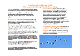 2
I. An Overwiew of Group Work
Glossary for the Group Work in Counseling
Insight:Insight: a cognitive & emotional awareness of the
connection of past experience to present problems.
Projection:Projection: an ego defence mechanism that
involves attributing our own unacceptable
thoughts, feelings, behaviors, and motives to
others.
Transference:Transference: unconscious reflection of the old
experiences & earlier acquired distortions to the
group leader (or the group members) in the
present relationship.
Countertransference:Countertransference: The group leader’s
unresolvd conflicts that are projected onto the
client, resulting in a distorted perception of the
client’s behavior.
Chatharsis:Chatharsis: The expression of stored-up feelings
that are released by verbal & physical acting out of
an emotion-laden situation.
Contract:Contract: specific and measurable statements of
the objectives group participants intend to attain:
contracts place the responsibility on members for
clearly defining waht, how, and when theythey want to
change.
Transaction:Transaction: an exchange of strokes between two
or more people; the basic unit of human
communication. Transactions may be
complementary, crossed, or ulterior.
Strokes:Strokes: a form of recognition. Strokes may be
positive or negative, conditional or unconditional,
physical or psychological.
Group cohesionGroup cohesion: is the attraction that
members have for their group and for the
other members. Members of a cohesive
group are more accepting of one another,
more supportive, more inclined to form
meaningful relationships in the group.
Genuineness 0r congruence:Genuineness 0r congruence: the state of
authenticity that result from a deep
exploration of self & a willingness to accept
the truths of this exploration, which requires
a high level of self-awareness, self-
acceptance, and self-trust.
Unconditional positive regard:Unconditional positive regard: an attitude of
acceptance and caring for group members.
Empathy:Empathy: “the capacity to see the world of
another by assuming the internal frame of
reference of that person”.
 