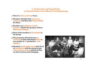 6
I. An Overwiew of Group Work
4. Characteristics of an Effective Working Group
1. There is a herea here--andand--nownow focus.
2.Members identify their goals andgoals and
concernsconcerns, and they take resrespponsibilonsibiliityty
for them.
3.Members are willing to work &willing to work &
practicepractice outside the group to achieve
behavioral changes.behavioral changes.
4.Most of the members feel includedfeel included in
the group.
5.The group has almost become anan
orchestraorchestra in that individuals listenlisten to
one another & dodo productive workwork
togethertogether.
6.Members continually assesscontinually assess their level
of satisfactionsatisfaction with the group & take
active steps to changeactive steps to change matters if they
see that sessions need changing.
 