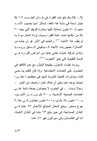 ‫)٥,٠ %( ﻭﻗﺩ ﺒﻠﻎ ﻋﺩﺩ ﺍﻟﻔﻘﺭﺍﺀ ﻓﻲ ﺒﻠـﺩﺍﻥ ﺍﻟﺠﻨـﻭﺏ ٢,١ %‬
‫ﻤﻠﻴﺎﺭ ﻨﺴﻤﺔ ﻓﻲ ﺒﺩﺍﻴﺔ ﻫﺫﺍ ﺍﻟﻌﻘﺩ، ﺘﺴﺘﺄﺜﺭ ﺁﺴﻴﺎ ﺒﻨﺼﻴﺏ ﺍﻷﺴـﺩ‬
‫ﻤﻨﻬﻡ )٠٠٥ ﻤﻠﻴﻭﻥ ﻨﺴﻤﺔ(، ﺘﻠﻴﻬﺎ ﻤﺒﺎﺸﺭﺓ ﺇﻓﺭﻴﻘﻴﺎ ﺍﻟﺘﻲ ﻴﺤﻴﺎ ٠٧‬
‫% ﻤﻥ ﺴﻜﺎﻨﻬﺎ ﺘﺤﺕ ﻋﺘﺒﺔ ﺍﻟﻔﻘﺭ، ﻭﺴﻭﻑ ﻴﺯﺩﺍﺩ ﺍﻟﺤﺎل ﺴﻭ ‪‬ﺍ ﻤﺎ‬
    ‫ﺀ‬
‫ﻟﻡ ﻴﻘﻠﺏ ﻫﺫﺍ ﺍﻻﺘﺠﺎﻩ )١٤(. ﻭﺍﻟﺠﺩﻴﺩ ﻓﻲ ﺍﻷﻤﺭ ﻫﻭ ﺃﻥ ﺠﺎﻨ ‪‬ﺎ ﻤﻥ‬
    ‫ﺒ‬
‫"ﺍﻟﺸﻤﺎل"، ﺠﻤﻬﻭﺭﻴﺎﺕ ﺍﻻﺘﺤﺎﺩ ﺍﻟـﺴﻭﻓﻴﻴﺘﻲ ﺍﻟـﺴﺎﺒﻕ ﻭﺭﻭﺴـﻴﺎ‬
‫ﻭﺒﻠﺩﺍﻥ ﺸﺭﻗﻴﺔ ﻋﺩﻴﺩﺓ، ﺘﻌﺎﻨﻲ ﺤﺎﻟ ‪‬ﺎ ﻤﻥ ﺃﻋﺭﺍﺽ ﻜﺜﻴـﺭﺓ ﻫـﻲ‬
                     ‫ﻴ‬
                    ‫ﺍﻟﺴﻤﺔ ﺍﻟﺘﻘﻠﻴﺩﻴﺔ ﺍﻟﺘﻲ ﺘﻤﻴﺯ "ﺍﻟﺠﻨﻭﺏ" )٢٤(.‬
‫ﻭﻴﺯﺩﺍﺩ ﺘﻔﺎﻭﺕ ﺍﻟﺩﺨﻭل، ﺒﻁﺒﻴﻌﺔ ﺍﻟﺤﺎل، ﻤﻊ ﻋﺩﻡ ﺍﻟﺘﻜﺎﻓﺅ ﻓﻲ‬
‫ﺍﻟﺤﺼﻭل ﻋﻠﻰ ﺍﻟﺨﺩﻤﺎﺕ ﺍﻻﺠﺘﻤﺎﻋﻴﺔ. ﻭﺇﺫﺍ ﻜﺎﻥ ﺍﻟﺘﻘﺩﻡ ﻴﻤـﻀﻲ‬
‫ﻗﺩ ‪‬ﺎ ﻭﻤﺅﺸﺭﺍﺕ ﺍﻟﺘﻨﻤﻴﺔ ﺍﻟﺒﺸﺭﻴﺔ ﺘﺸﻬﺩ ﻓﻲ ﻤﻌﻅﻤﻬـﺎ ﺘﻁـﻭ ‪‬ﺍ‬
 ‫ﺭ‬                                               ‫ﻤ‬
‫ﺇﻴﺠﺎﺒ ‪‬ﺎ ﺒﻭﺠﻪ ﻋﺎﻡ، ﻴﺒﻘﻰ ﺃﻥ ﻫﻨﺎﻙ ﻤﻠﻴﺎ ‪‬ﺍ ﻭﻨﺼﻑ ﻤﻥ ﺍﻟﺒﺸﺭ ـ‬
                 ‫ﺭ‬                              ‫ﻴ‬
‫ﺭﺠﺎﻻ ﻭﻨﺴﺎﺀ ـ ﻓﻲ ﺍﻟﺠﻨﻭﺏ ﻻ ﻴﺤﺼﻠﻭﻥ ﺒﺼﻔﺔ ﺩﺍﺌﻤﺔ ﻋﻠـﻰ‬
                                     ‫‪‬‬     ‫ﹰ‬
‫ﺍﻟﺨﺩﻤﺎﺕ ﺍﻟﺼﺤﻴﺔ ﺍﻷﺴﺎﺴﻴﺔ، ﻭ٠٠٩ ﻤﻠﻴـﻭﻥ ﻤـﻥ ﺍﻷﻤﻴـﻴﻥ،‬
‫ﻭ٠٠١ ﻤﻠﻴﻭﻥ ﺒﻼ ﻤﺄﻭﻯ، ﻭ٠٠٨ ﻤﻠﻴﻭﻥ ﻴﻌﻴﺸﻭﻥ ﻓـﻲ ﺤﺎﻟـﺔ‬
‫ﺠﻭﻉ ﻤﺴﺘﻤﺭ. ﻭﻴﺒﻠﻎ ﺍﻟﻤﻌﺩل ﺍﻟﻤﺘﻭﻗﻊ ﻟﻸﻋﻤﺎل ٥٧ ﻋﺎ ‪‬ﺎ ﻓـﻲ‬
     ‫ﻤ‬
‫ﺍﻟﺒﻠﺩﺍﻥ ﺍﻟﺼﻨﺎﻋﻴﺔ؛ ﻓﻲ ﺤﻴﻥ ﻴﺒﻠﻎ ٣٦ ﻋﺎ ‪‬ﺎ ﻓﻲ ﺍﻟﺒﻠﺩﺍﻥ ﺍﻟﻨﺎﻤﻴﺔ،‬
                     ‫ﻤ‬
             ‫ﺃﻤﺎ ﻓﻲ ﺃﻓﻐﺎﻨﺴﺘﺎﻥ ﻭﻓﻲ ﺴﻴﺭﺍﻟﻴﻭﻥ ﻓﻬﻭ ٢٤ ﻋﺎ ‪‬ﺎ.‬
               ‫ﻤ‬


‫٣٤٤‬                                                 ‫إﻟﻰ اﻟﻔﻬﺮس‬
 