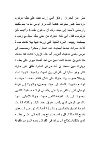 ‫ﺘﻁﺭﺃ ﺒﻴﻥ ﺍﻟﺠﻴﺭﺍﻥ. ﻭﺃﺫﻜﺭ ﺃﻨﻨﻲ ﺯﺭﺕ ﺒﻴﺕ ﻋﻠﻲ ﺒﻁﻪ ﻤﺭﺘﻴﻥ،‬
‫ﻤﺭﺓ ﻤﻨﺫ ﻋﺸﺭ ﺴﻨﻭﺍﺕ ﻋﻨﺩﻤﺎ ﺍﺸـﺘﺭﻯ ﺃﺒـﻲ ﻤﻨـﻪ ﺒﺴـﻜﻠﻴﺘﺎ‬
‫ﻭﺃﺭﺴﻠﻨﻲ ﻷﺠﻠﺒﻪ ﺇﻟﻰ ﺒﻴﺘﻨﺎ، ﻭﻜـﺎﻥ ﺒـﺩﻭﻥ ﻤﻘﻌـﺩ ﻭﻻﻴﺼـﻠﺢ‬
‫ﻟﻠﺭﻜﻭﺏ، ﻓﻘﺎل ﺃﺒﻲ ﺒﺄﻨﻪ ﺍﺸﺘﺭﺍﻩ ﻤﻥ ﻋﻠﻲ ﺒﻁﻪ ﺒﻤﺒﻠـﻎ ﺯﻫﻴـﺩ‬
‫ﻟﻴﺼﻠﺤﻪ ﻭﻴﺒﻴﻌﻪ. ﺍﻟﻤﺭﺓ ﺍﻟﺜﺎﻨﻴﺔ ﺍﻟﺘﻲ ﺯﺭﺕ ﻓﻴﻬﺎ ﺒﻴﺘﻪ ﻜﺎﻨﺕ ﻤﻨـﺫ‬
‫ﺜﻼﺙ ﺴﻨﻭﺍﺕ ﻋﻨﺩﻤﺎ ﺃﺼﺎﺒﺕ ﺍﺒﻨﻪ ﺍﻟﻁﻔل/ ﺤ ‪‬ﺩﻭ/ ﺭﺼﺎﺼﺔ ﻓﻲ‬
            ‫‪‬ﻤ‬
‫ﻋﺭﺱ ﺒﺎﻟﺤﻲ ﻓﺫﻫﺒﺕ ﺃﻋﺯﻴﻪ. ﺃﻤﺎ ﻫﺫﻩ ﺍﻟﺯﻴﺎﺭﺓ ﺍﻟﺜﺎﻟﺜﺔ ﻓﻘﺩ ﺤﺩﺜﺕ‬
‫ﻤﻨﺫ ﺸﻬﺭﻴﻥ ﻋﻨﺩﻤﺎ ﺍﺘﻔﻘﻨﺎ ﻨﺤﻥ ﻤﻥ ﻨﻌﺩ ﺃﻨﻔﺴﻨﺎ ﺠﻭﺍﺭ ﻋﻠﻲ ﺒﻁـﻪ‬
‫ﻟﺯﻴﺎﺭﺘﻪ ﺤﻴﻥ ﺴﻤﻌﻨﺎ ﺃﻥ ﺃﺤﺩ ﺤﺭﺍﺱ ﺍﻟﺤﺩﻭﺩ ﺃﻁﻠﻕ ﻋﻠﻰ ﺠﺎﺭﻨﺎ‬
‫ﺍﻟﻨﺎﺭ ﻭﻫﻭ ﺤﺎﻟﻴﺎ ﻓﻲ ﺍﻟﻔﺭﺍﺵ ﺒﻴﻥ ﺍﻟﻤﻭﺕ ﻭﺍﻟﺤﻴﺎﺓ. ﺍﺘﺠﻬﻨﺎ ﻨﺴﺎﺀ‬
‫ﻭﺭﺠﺎﻻ ﺼﻭﺏ ﺒﻴﺕ ﺠﺎﺭﻨﺎ ﻋﻠﻰ ﺸﻜل ﻗﺎﻓﻠﺔ. ﺩﺨﻠﻨـﺎ ﺤﻭﺸـﻪ‬
‫ﺍﻟﻭﺍﺴﻊ ﻓﺎﺘﺠﻬﺕ ﺍﻟﻨﺴﺎﺀ ﺇﻟﻰ ﺤﻴﺙ ﺠﻤﻌﻬﻥ، ﻭﺍﺘﺠﻬﻨﺎ ﺇﻟﻰ ﻏﺭﻓﺔ‬
‫ﺍﻟﺭﺠﺎل ﺍﻟﺘﻲ ﻴﺴﺘﻠﻘﻲ ﻓﻴﻬﺎ ﻋﻠﻲ ﺒﻁﻪ ﻓﻲ ﻓﺭﺍﺸﻪ ﻤﺴﺘﻘﺒﻼ ﺍﻟﻨﺎﺱ.‬
‫ﺒﻭﺼﻭﻟﻨﺎ ﺇﻟﻰ ﺒﺎﺏ ﺍﻟﻐﺭﻓﺔ ﺘﻨﺎﻫﻰ ﺼﻭﺕ ﺠﺎﺭﻨﺎ ﺍﻷﺠﺵ: ﺃﻋﻭﺫ‬
‫ﺒﺎﷲ ﻤﻥ ﺍﻟﺭﺠل ﺍﻟﺫﻱ ﻴﻜﺫﺏ. ﻁﺭﻕ ﺃﺤﺩﻨﺎ ﺍﻟﺒﺎﺏ ﻭﺩﻟﻔﻨﺎ، ﻜﺎﻨـﺕ‬
‫ﺍﻟﻐﺭﻓﺔ ﺘﻀﻴﻕ ﺒﺎﻟﺠﺎﻟﺴﻴﻥ ﻭﻟﻤﺎ ﺭﺃﻭﺍ ﺃﻋﺩﺍﺩﻨﺎ، ﻨﻬـﺽ ﺍﻟـﺒﻌﺽ‬
‫ﻟﻴﻔﺴﺢ ﻟﻨﺎ ﻤﻜﺎﻨﺎ. ﻜل ﻭﺍﺤﺩ ﻤﻨﺎ ﺭﺍﺡ ﻴﻤﺩ ﻜﻔﻪ ﺇﻟﻰ ﻋﻠـﻲ ﺒﻁـﻪ‬
‫ﺍﻟﺫﻱ ﺒﺎﻟﻜﺎﺩﺍﺴﺘﻁﺎﻉ ﺃﻥ ﻴﺒﺭﻙ ﻓﻲ ﺍﻟﻔﺭﺍﺵ ﻭﻴﺩﻩ ﺍﻟﻴﺴﺭﻯ ﻤﻠﻔﻭﻓﺔ‬
 